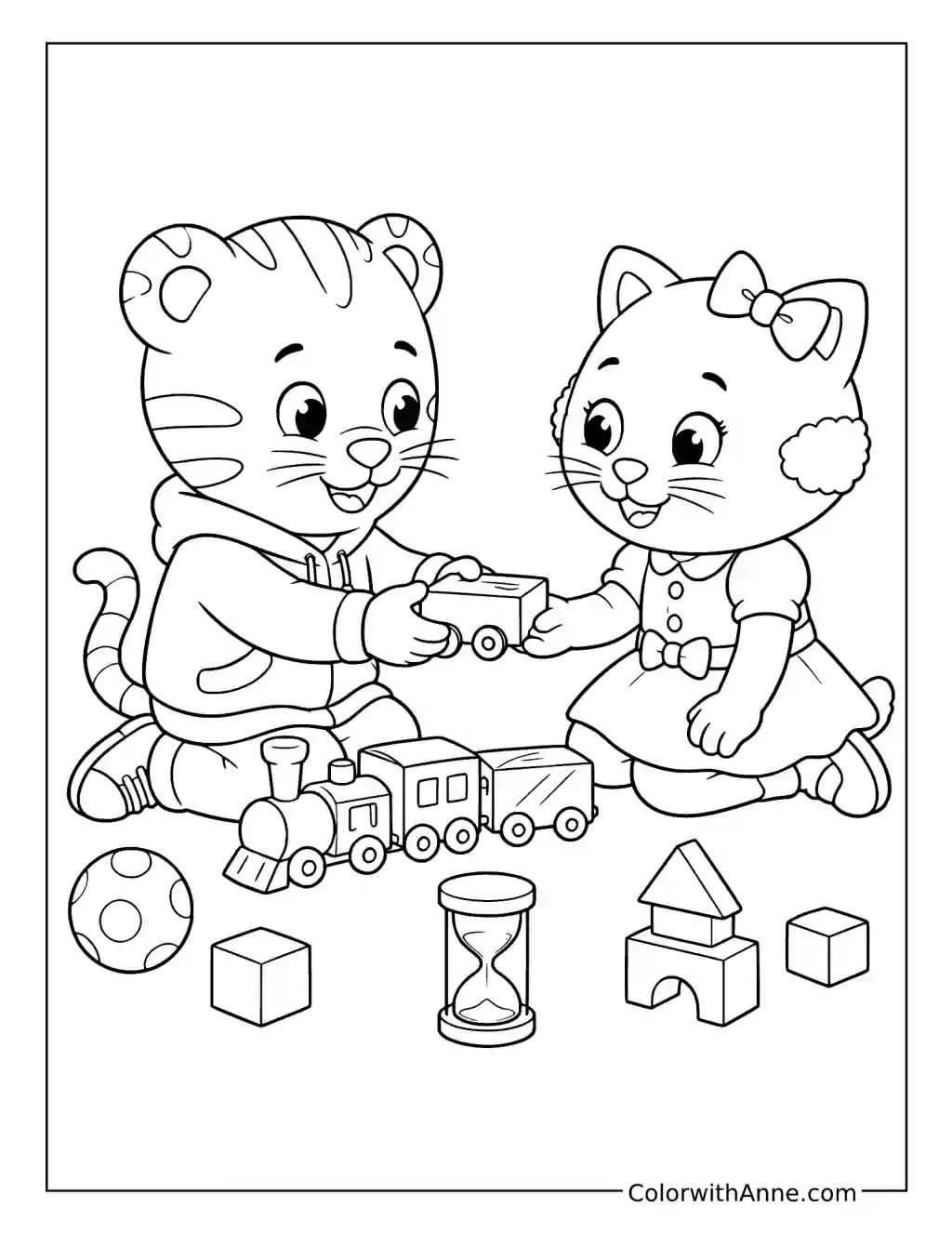 Daniel Tiger Sharing a Toy Train with Katerina Kittycat coloring page