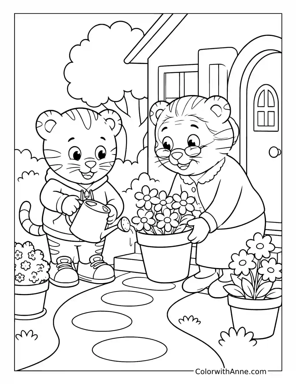 Daniel Tiger Watering Potted Flowers coloring page