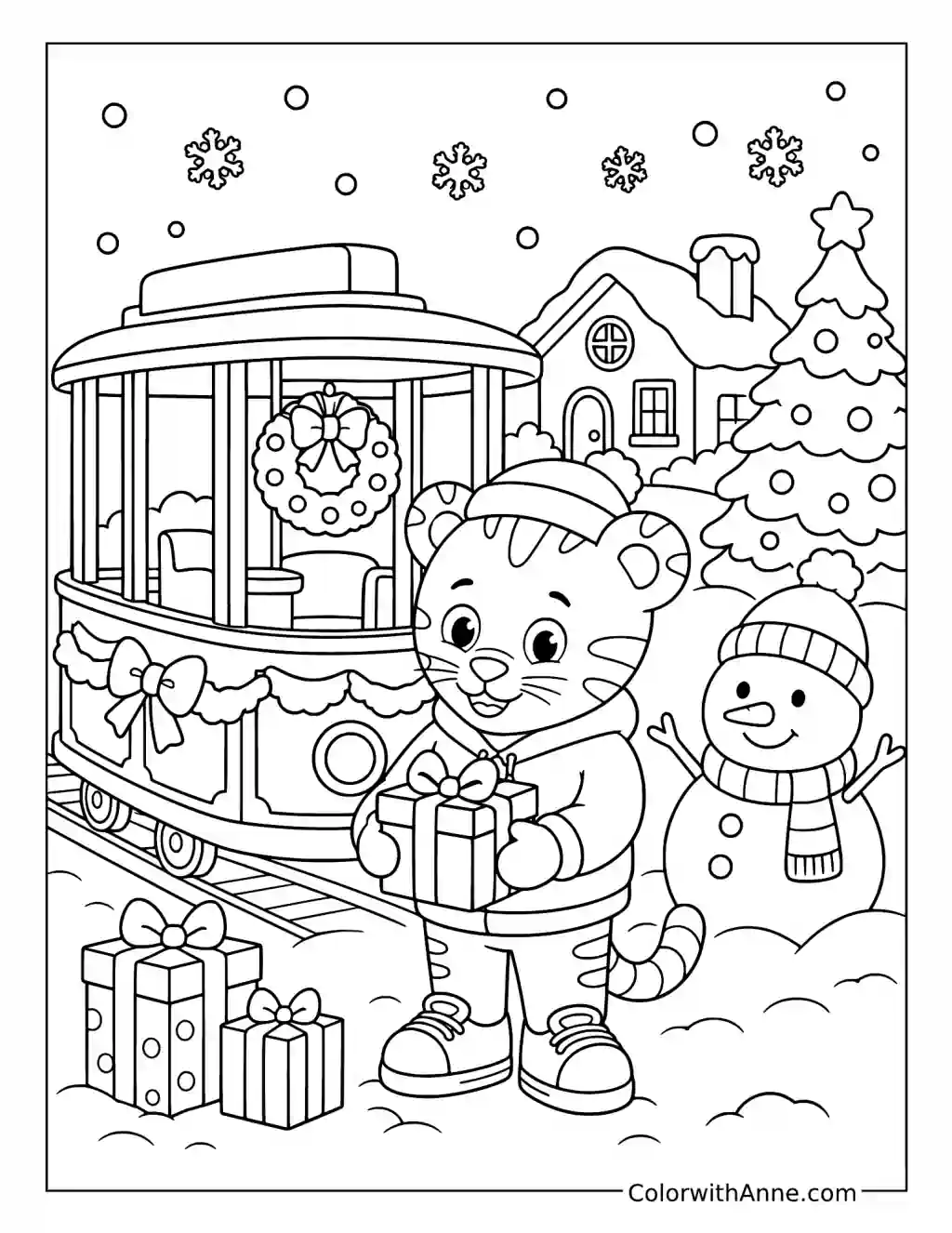 Daniel Tiger with Christmas Gifts beside Trolley coloring page