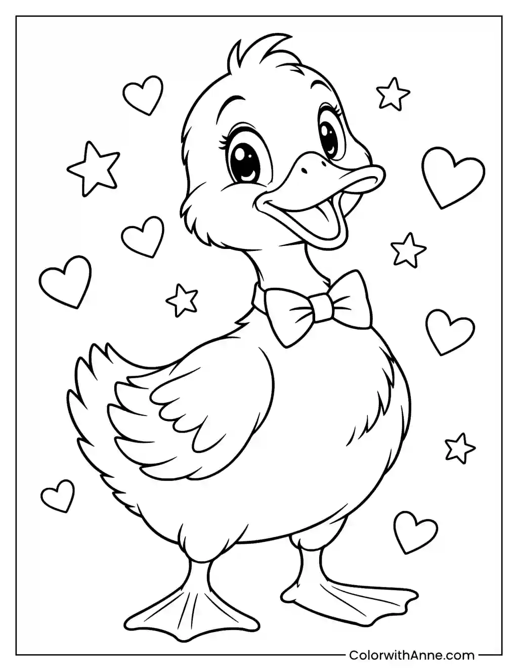 Dapper Duck with Hearts and Stars Coloring Page