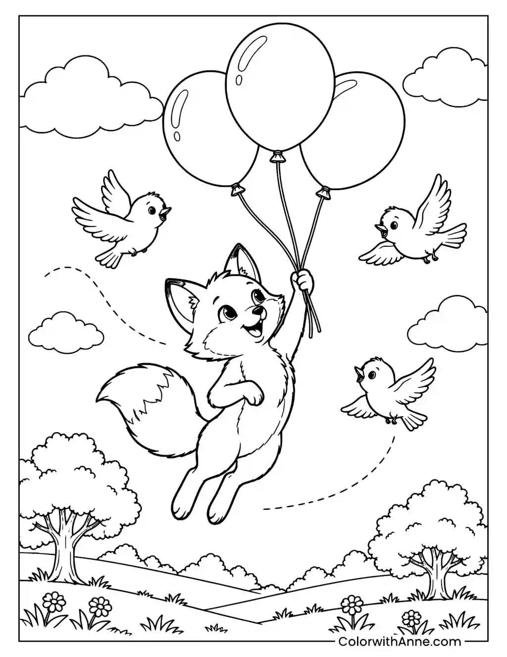 Daring Fox Floating with Balloons Coloring Page