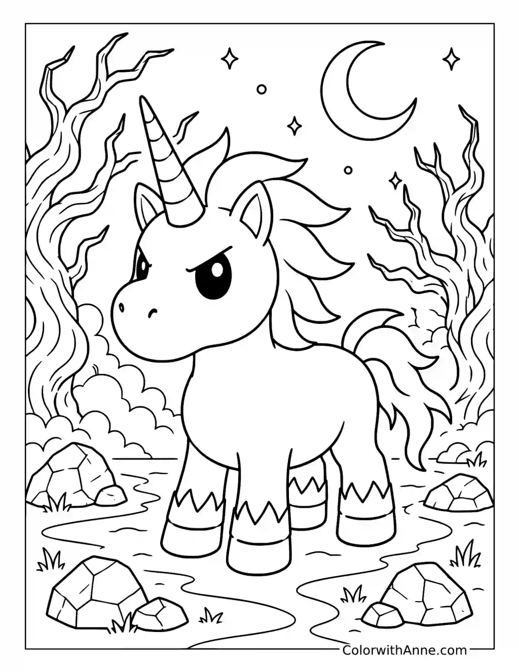 Dark Unicorn Among Twisted Trees coloring page