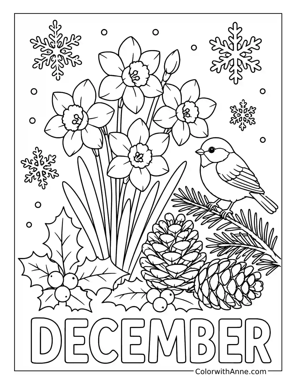December Narcissus Flowers and Winter Bird coloring page