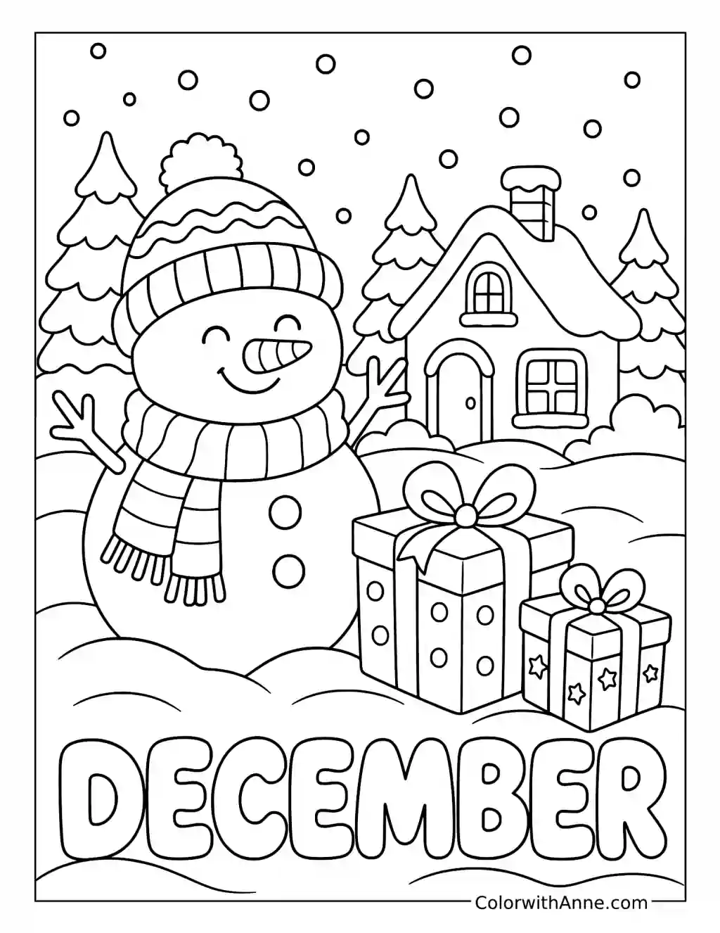December Snowman and Cozy Gifts coloring page