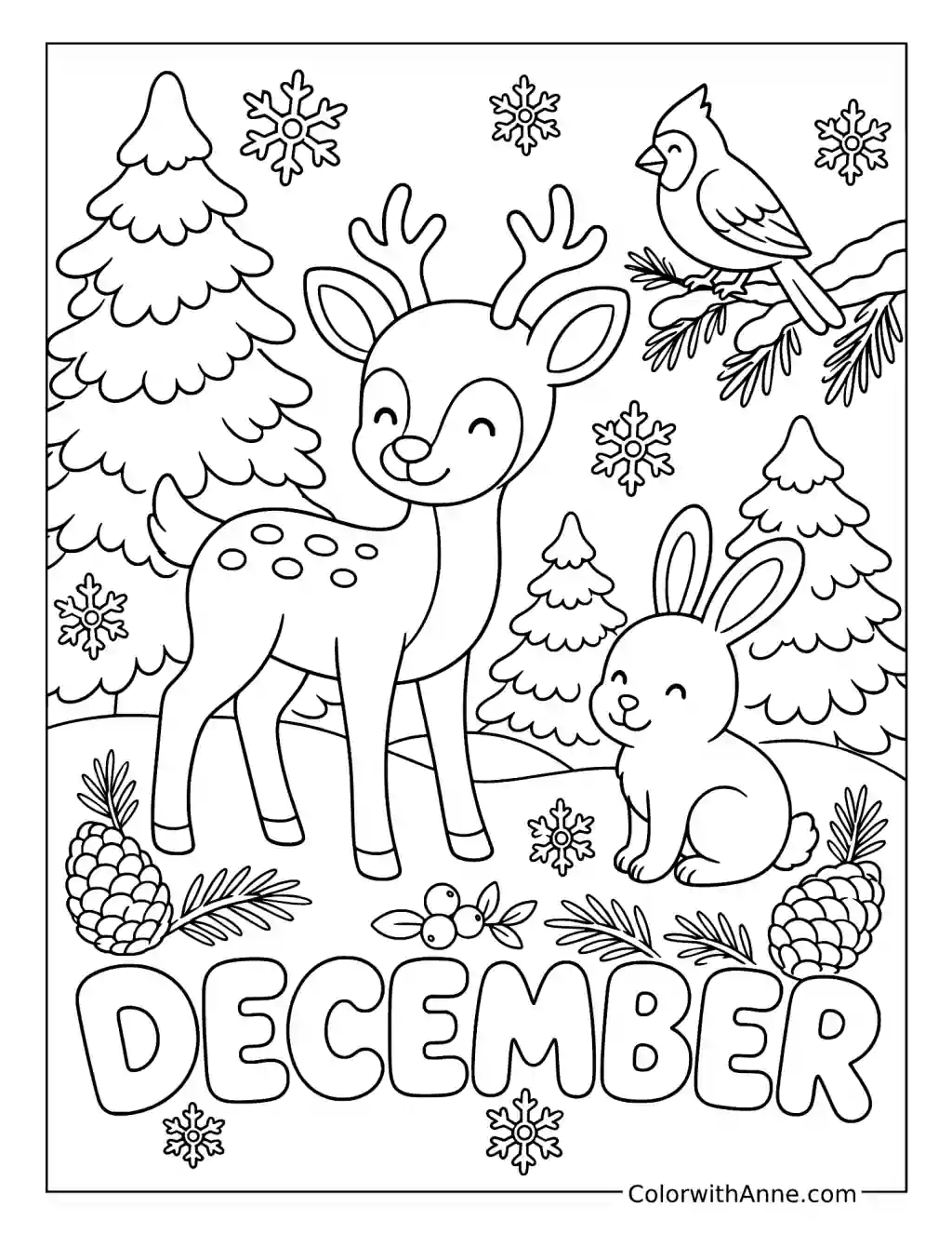 December Woodland Friends coloring page