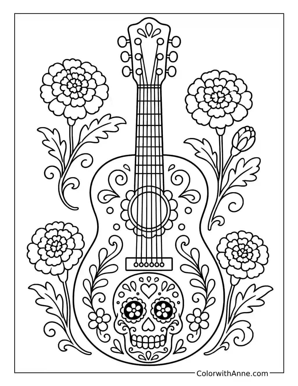 Decorated Guitar with a Sugar Skull and Marigolds coloring page