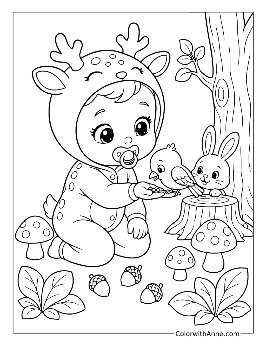 Deer-Costumed Baby Feeding Forest Animals coloring page