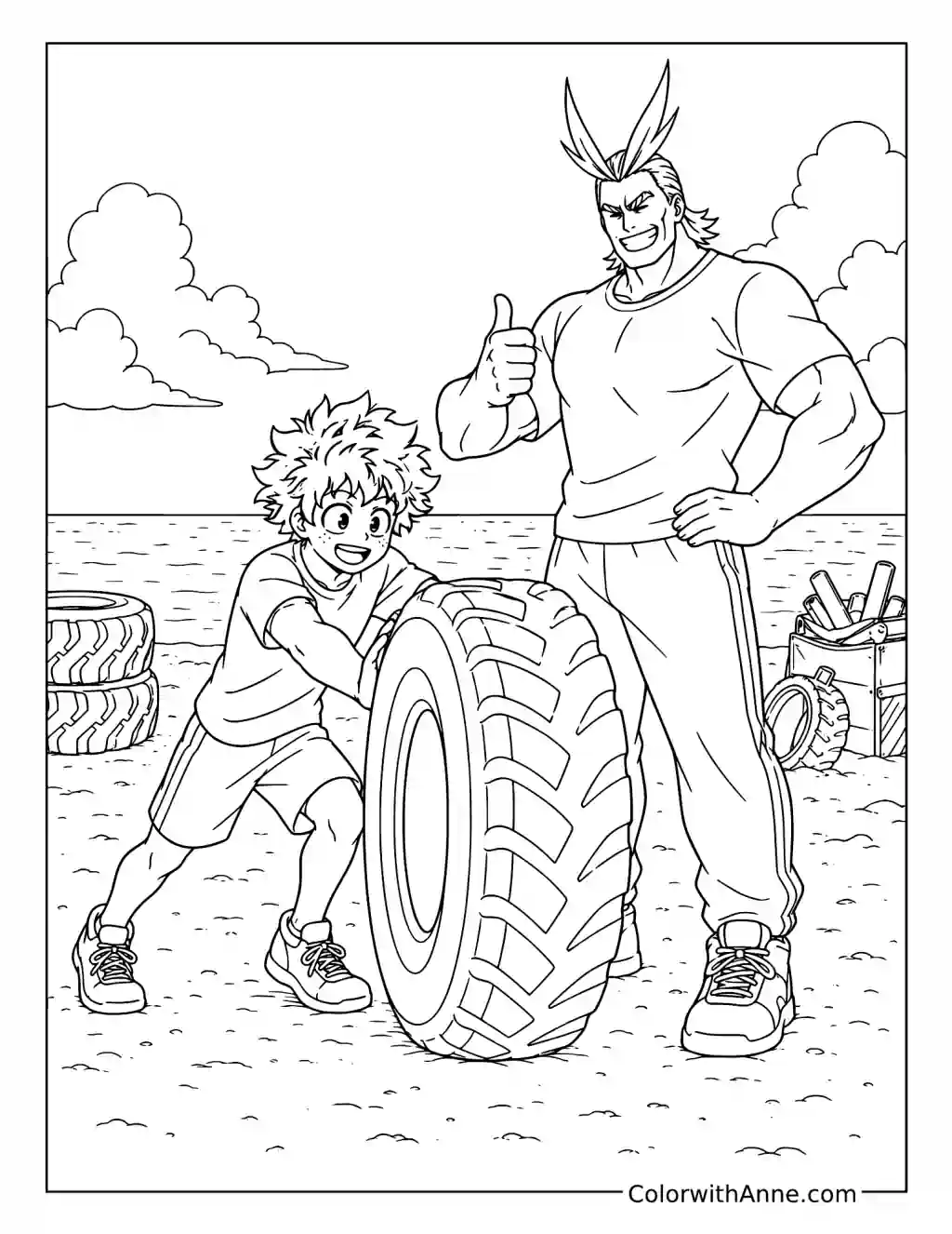 Deku and All Might Beach Training coloring page