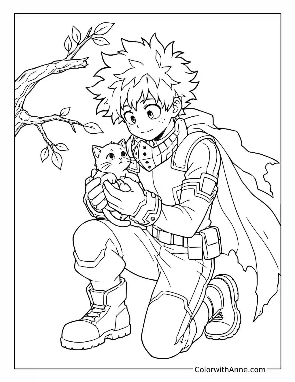 Deku Saving a Kitten coloring page