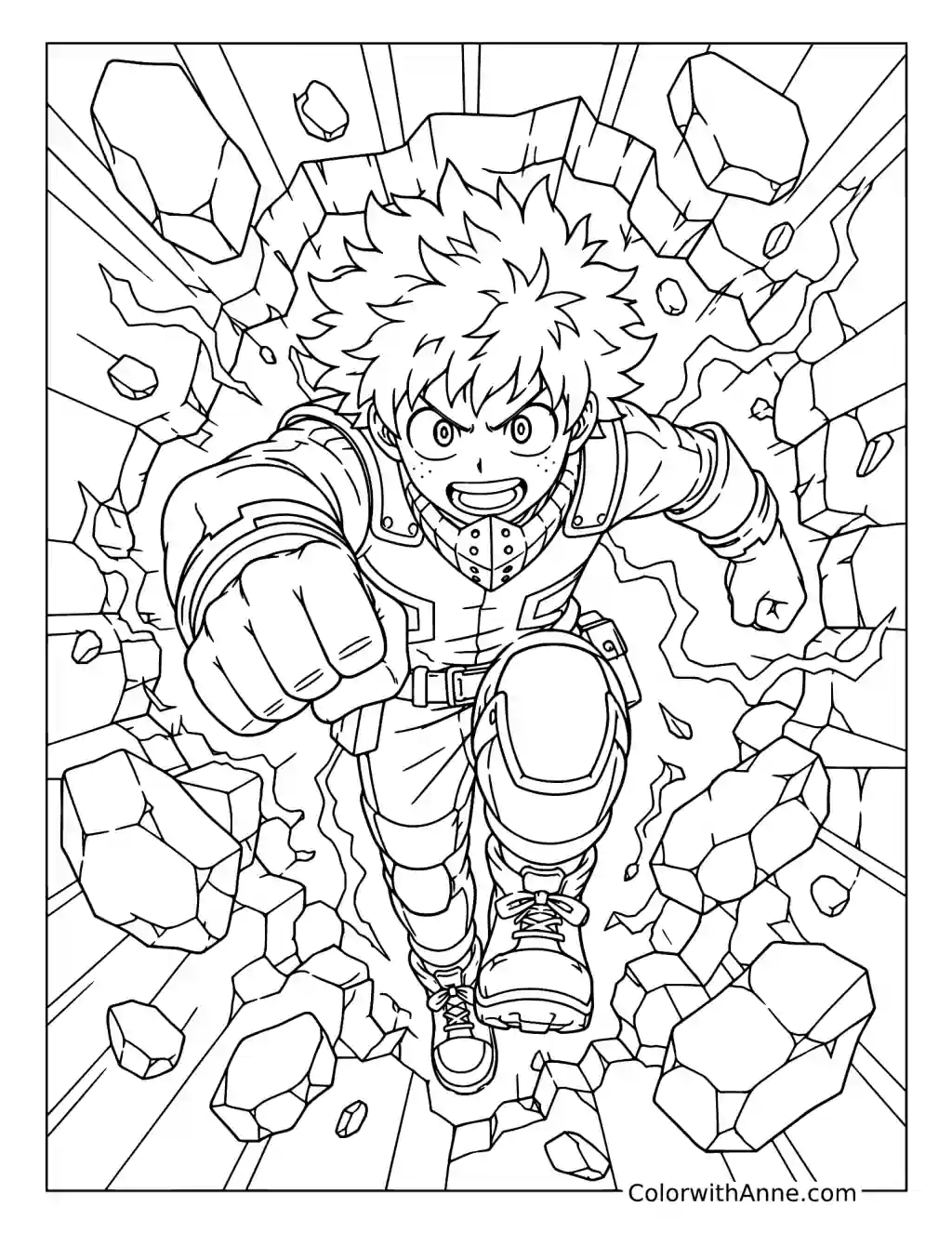 Deku Smashing Through Rubble coloring page