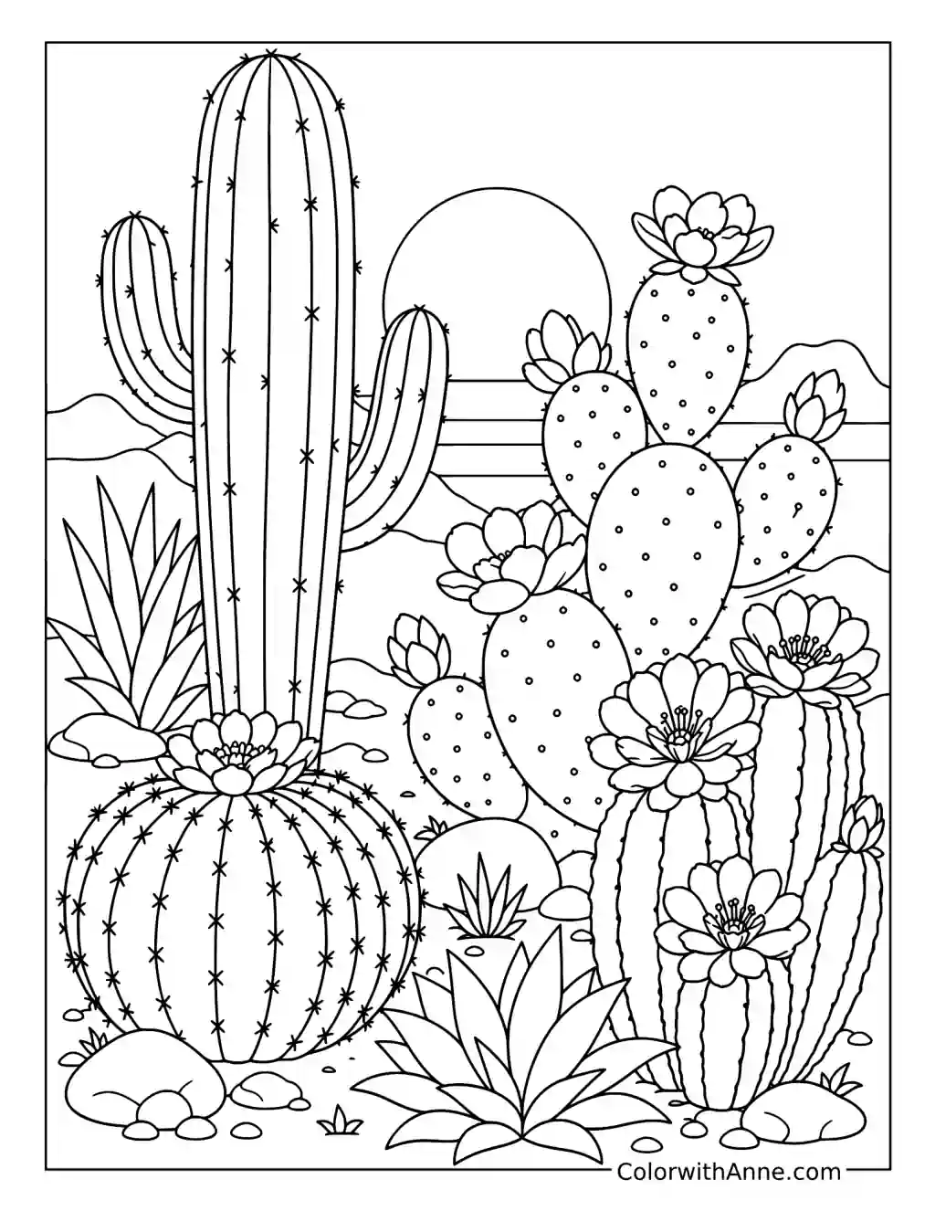 Desert Cactus Garden with Prickly Pear and Barrel Cacti coloring page