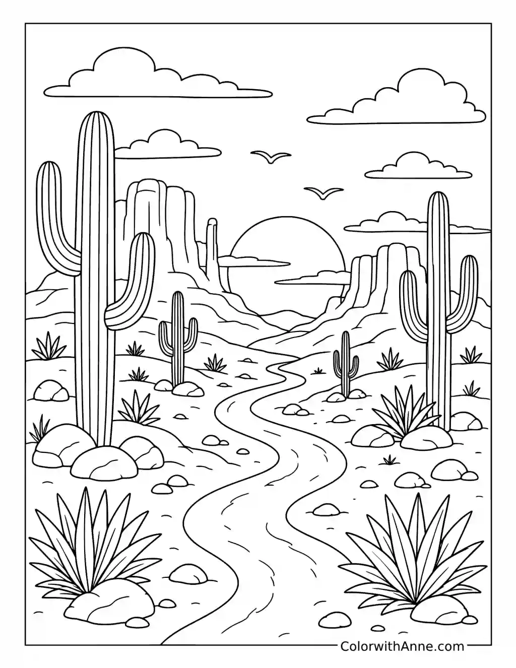 Desert Cactus Sunset coloring page