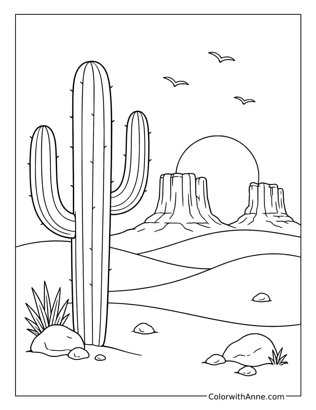 Desert Sunset Cactus Scene coloring page