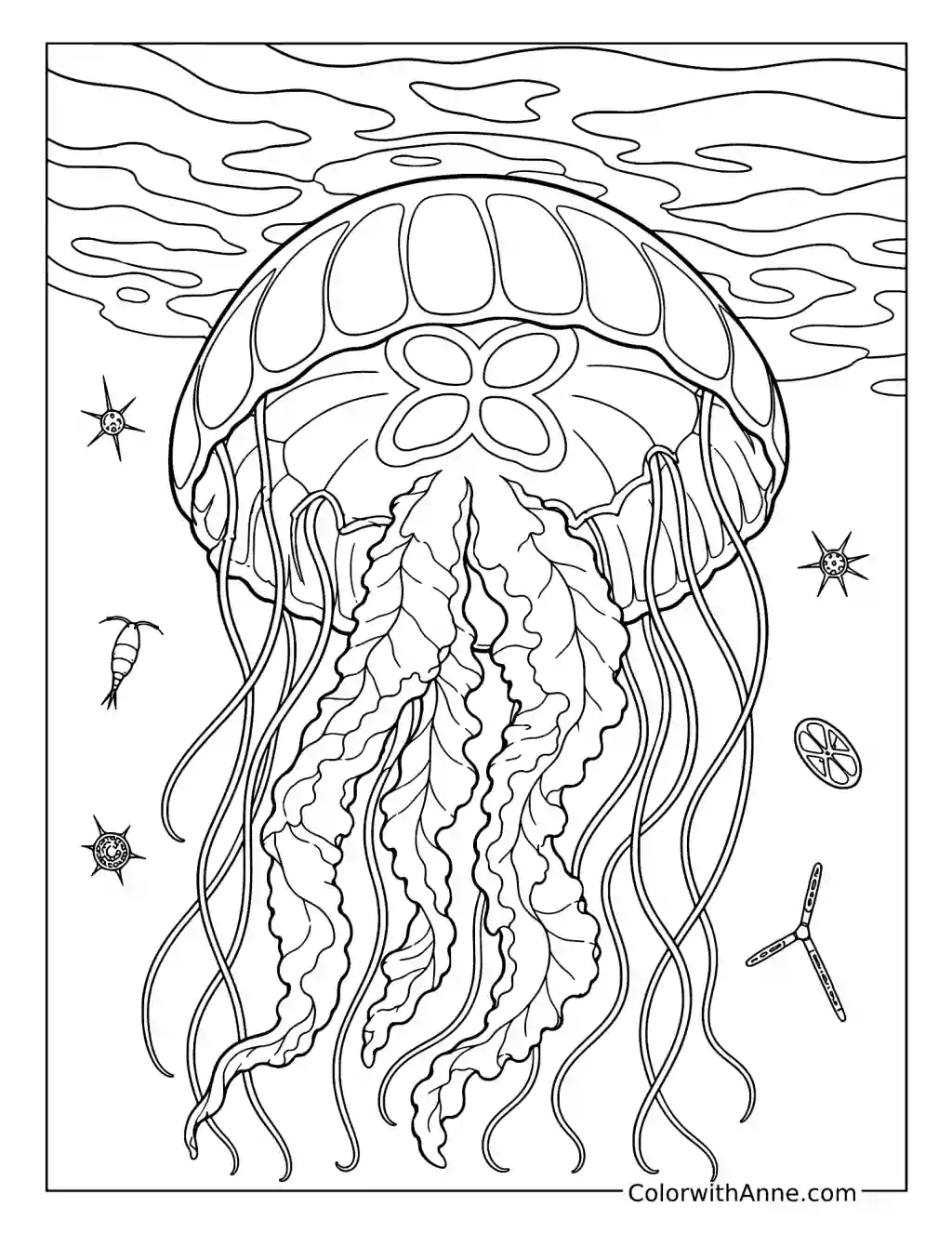 Detailed Jellyfish Beneath Rippling Water with Plankton coloring page