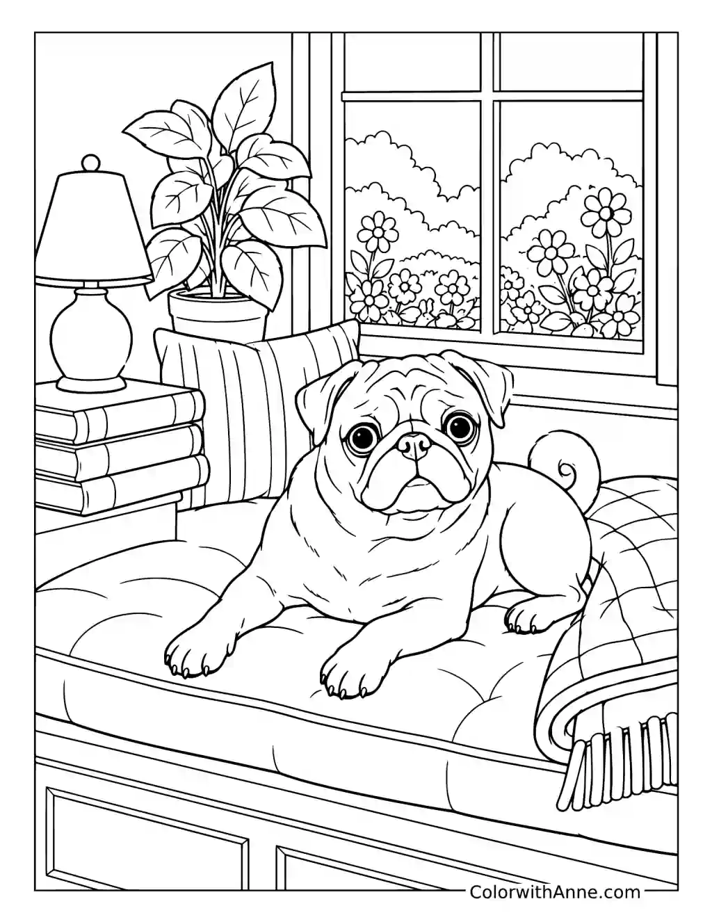 Detailed Pug in a Cozy Room coloring page