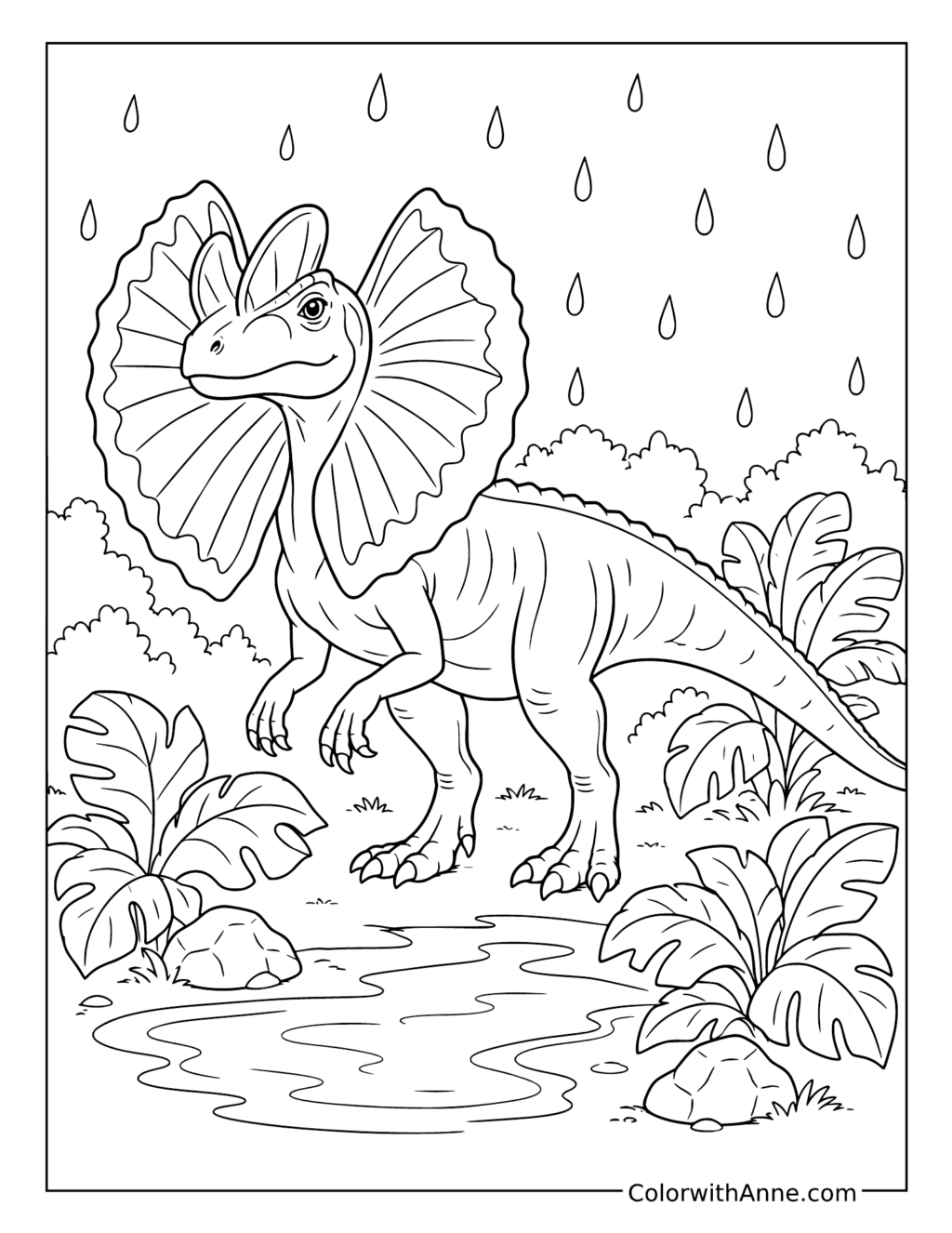 Dilophosaurus in the Rain coloring page