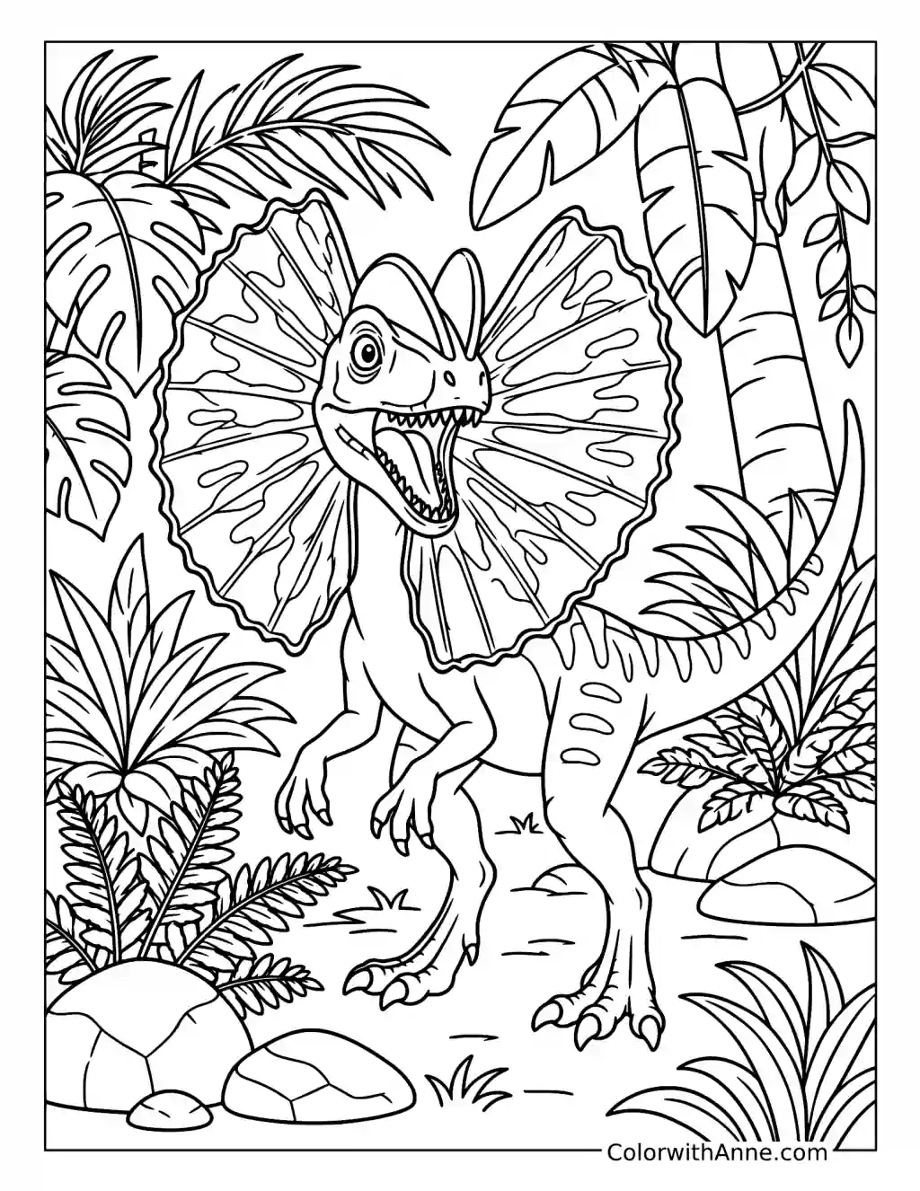 Dilophosaurus Jungle Encounter coloring page
