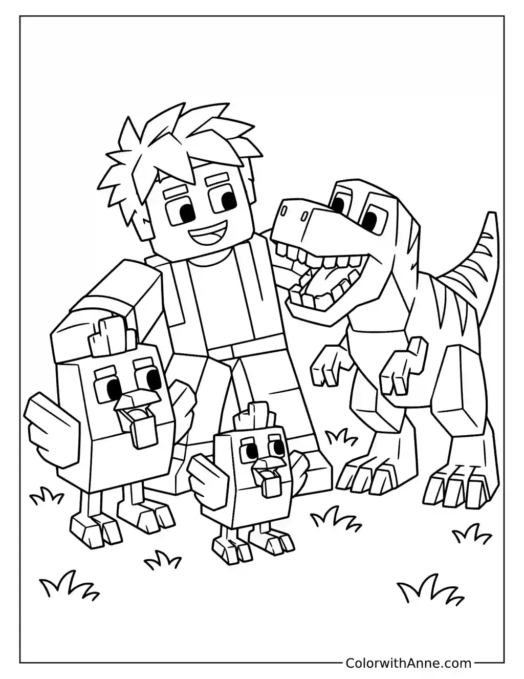 A smiling blocky player stands with a dinosaur, a large chicken, and a smaller chick.