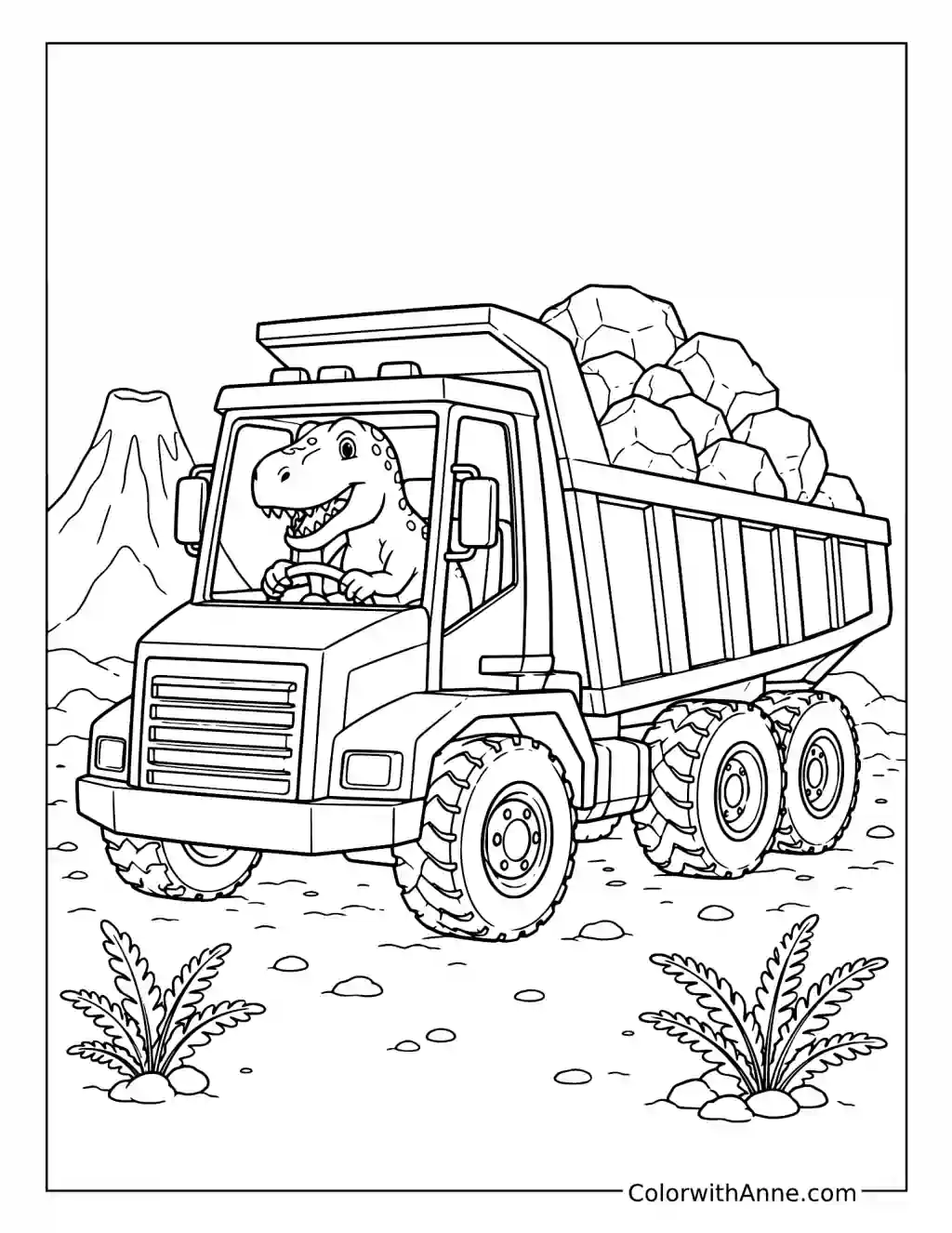 Dinosaur Driving a Rock-Filled Dump Truck coloring page