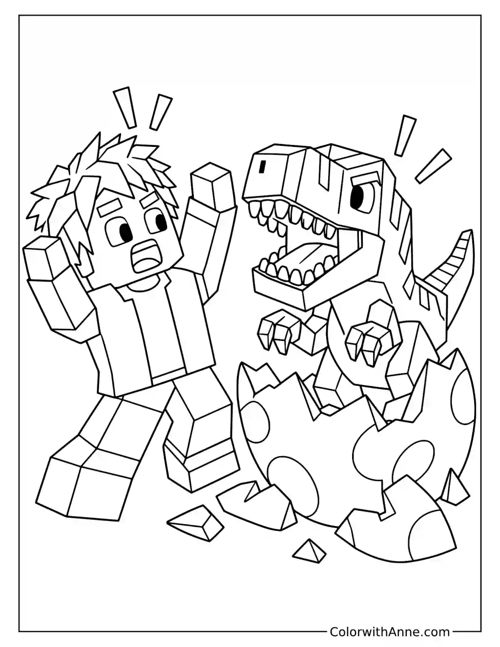 A surprised blocky player raises both arms beside a dinosaur emerging from a cracked patterned egg.