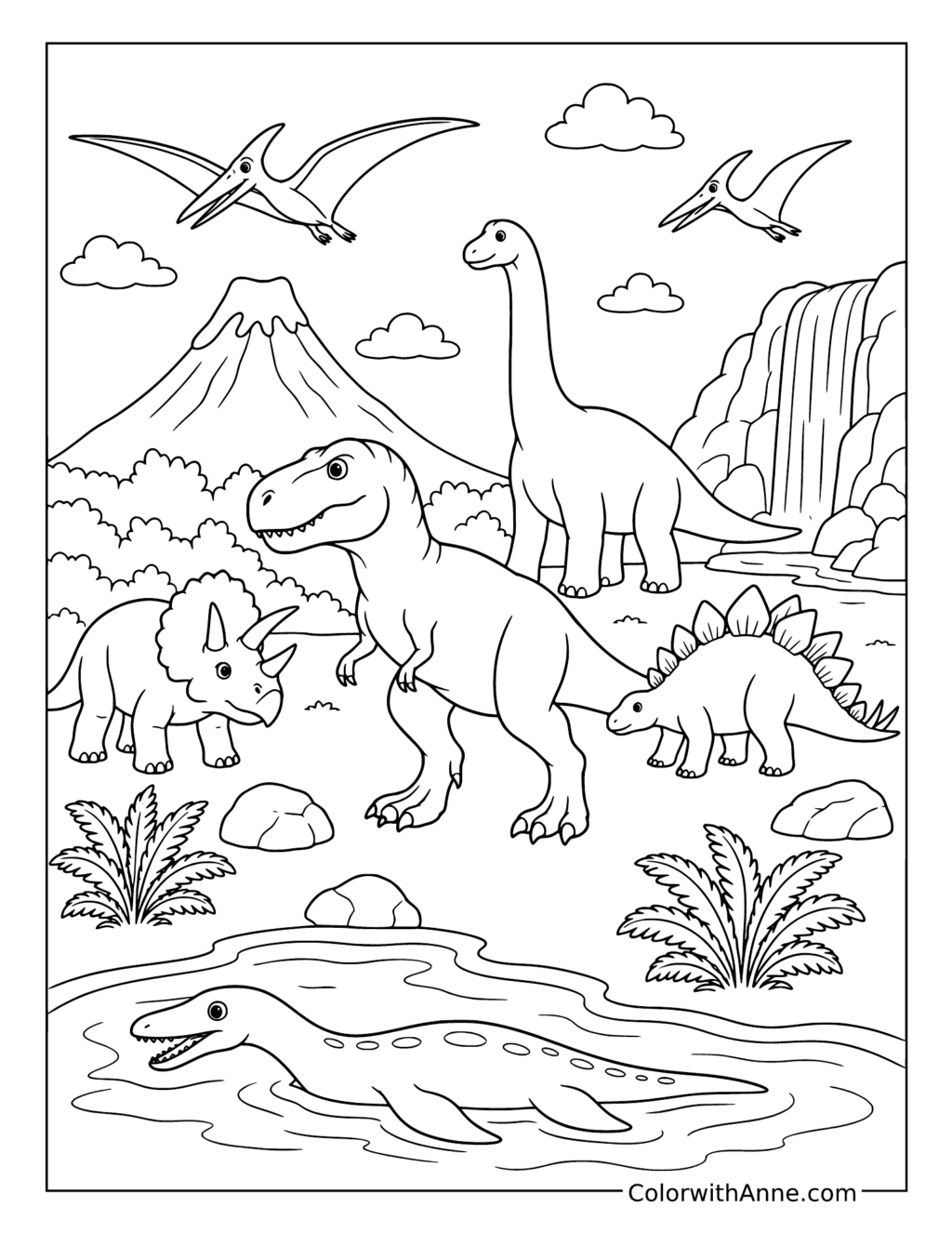 Dinosaurs beside a Waterfall coloring page