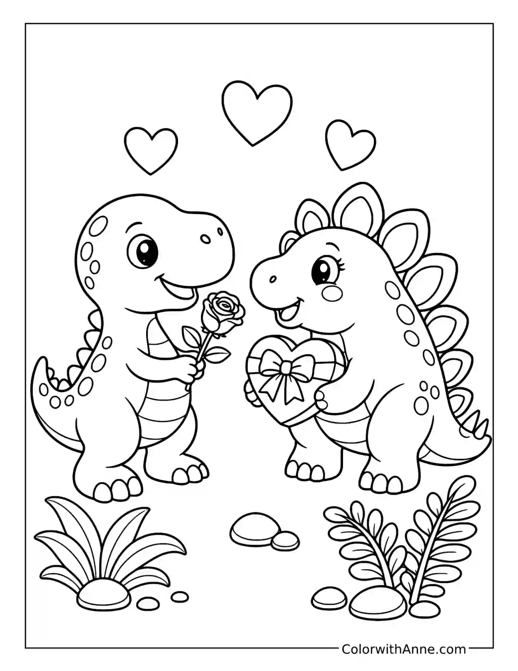 Dinosaurs Exchanging a Rose and a Heart Gift coloring page