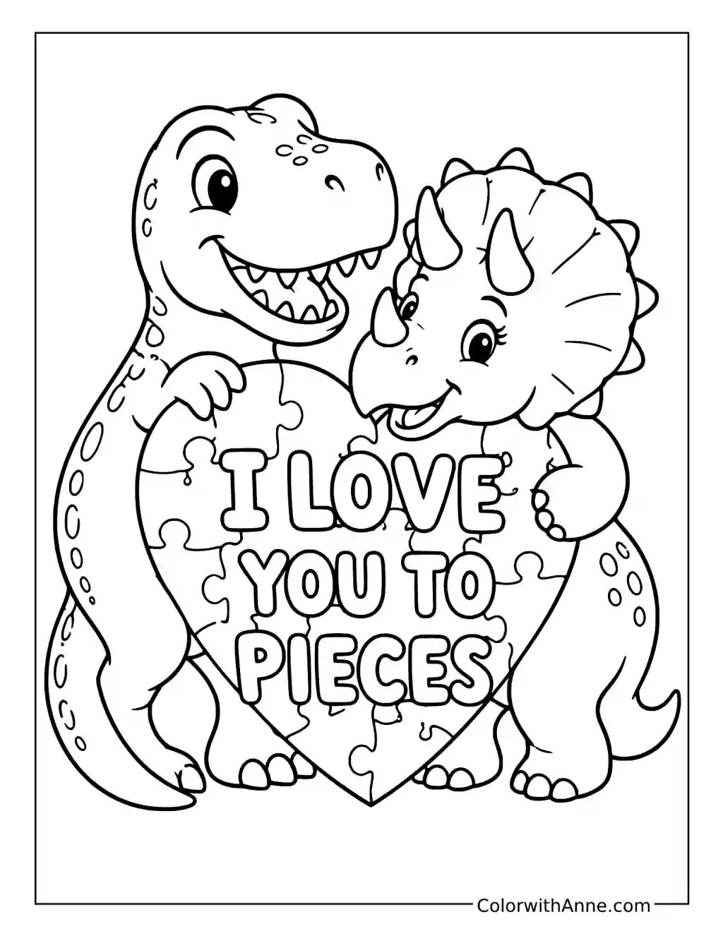 Dinosaurs Holding an I Love You to Pieces Heart coloring page