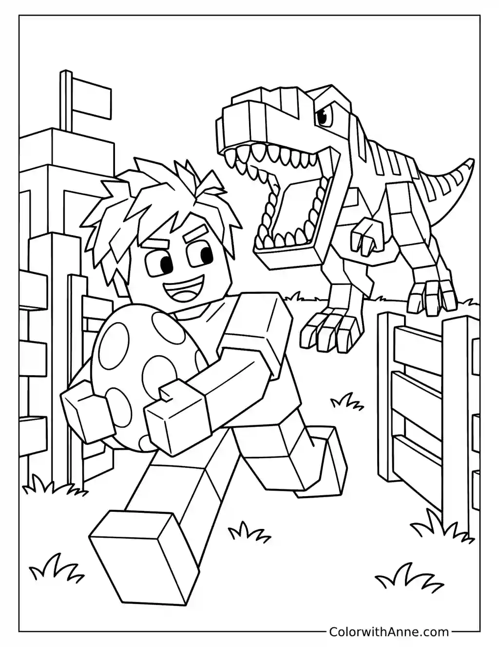 A blocky player carries a spotted egg while a roaring dinosaur follows past a fenced base.