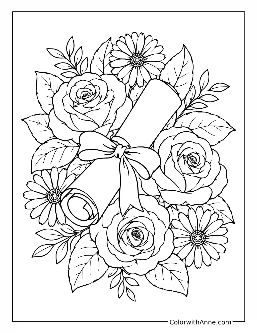 Diploma with Roses and Daisies coloring page