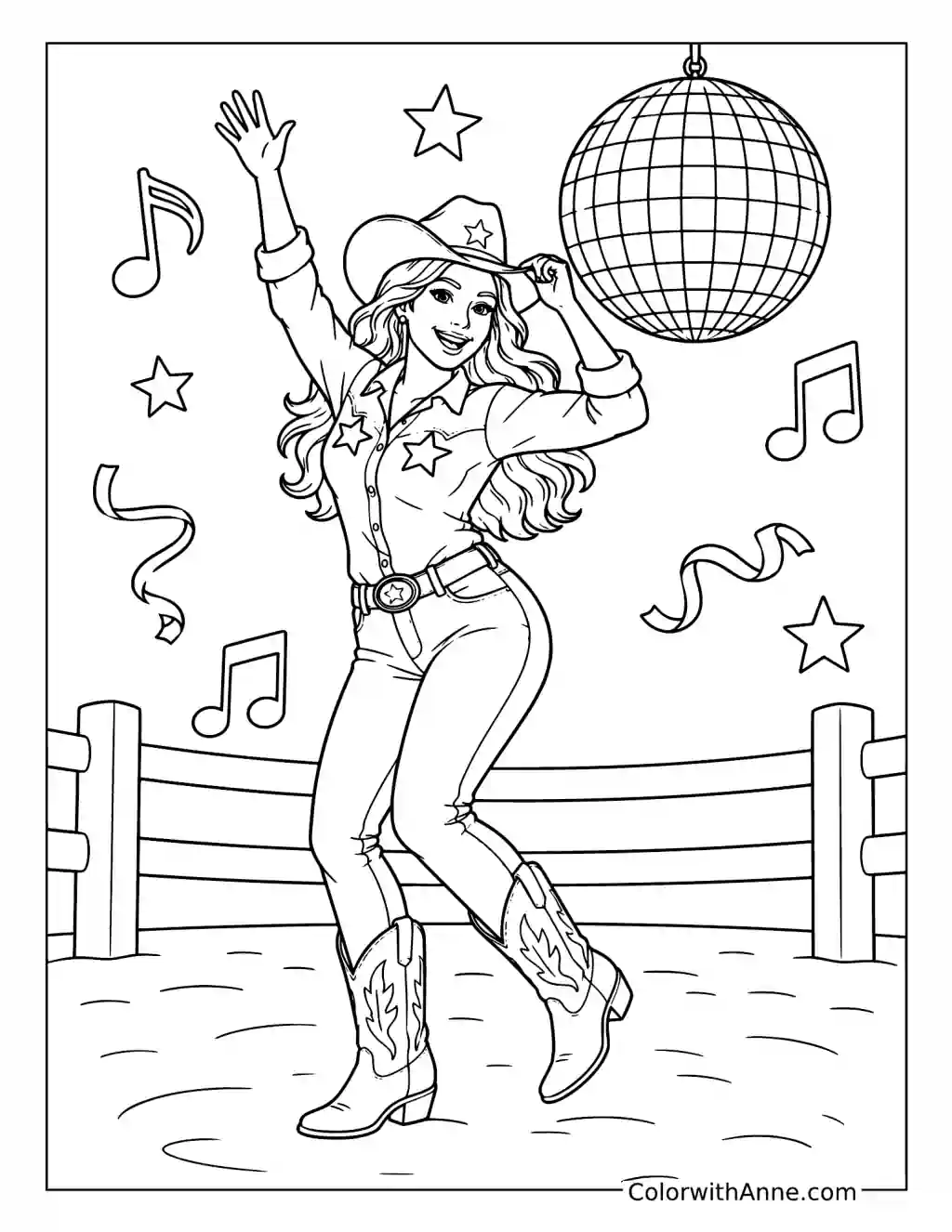 Disco Cowgirl Dancing at the Rodeo coloring page