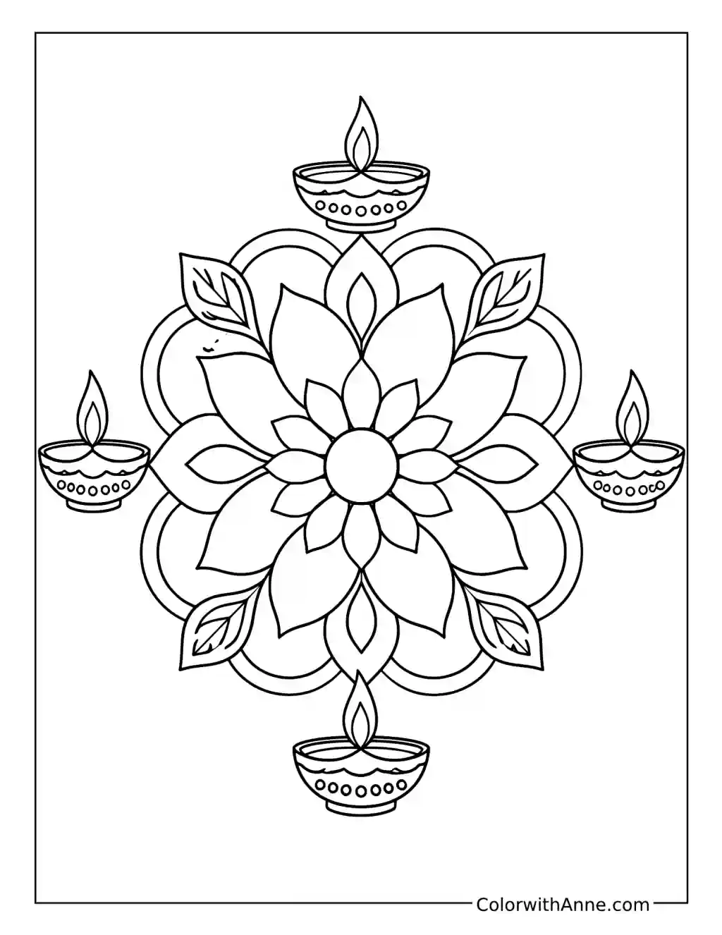 Diyas and Floral Rangoli coloring page