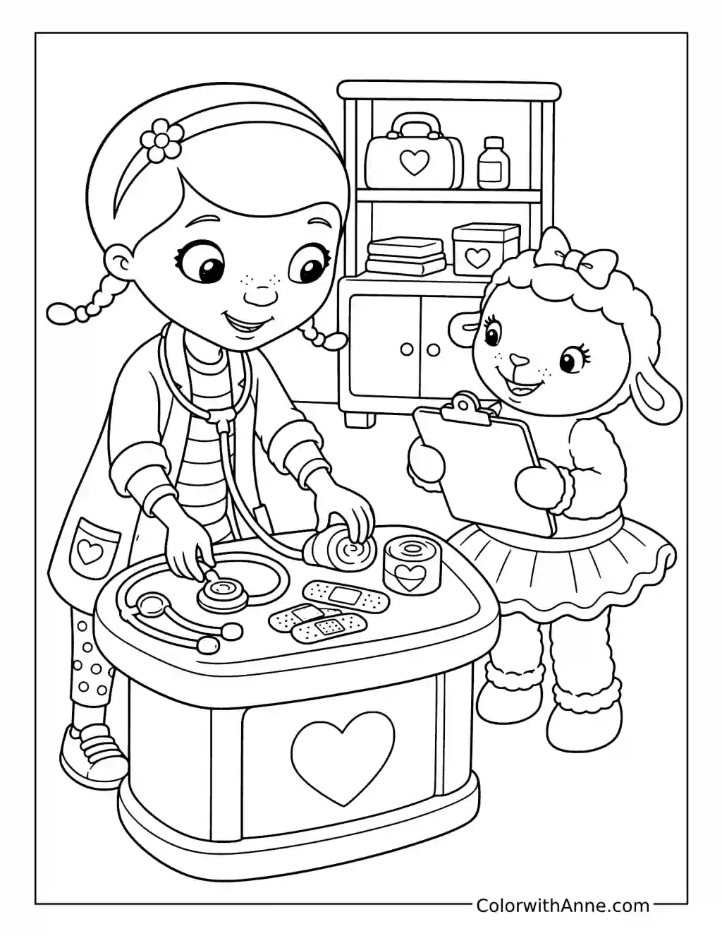 Doc McStuffins and Lambie Prepare the Clinic coloring page