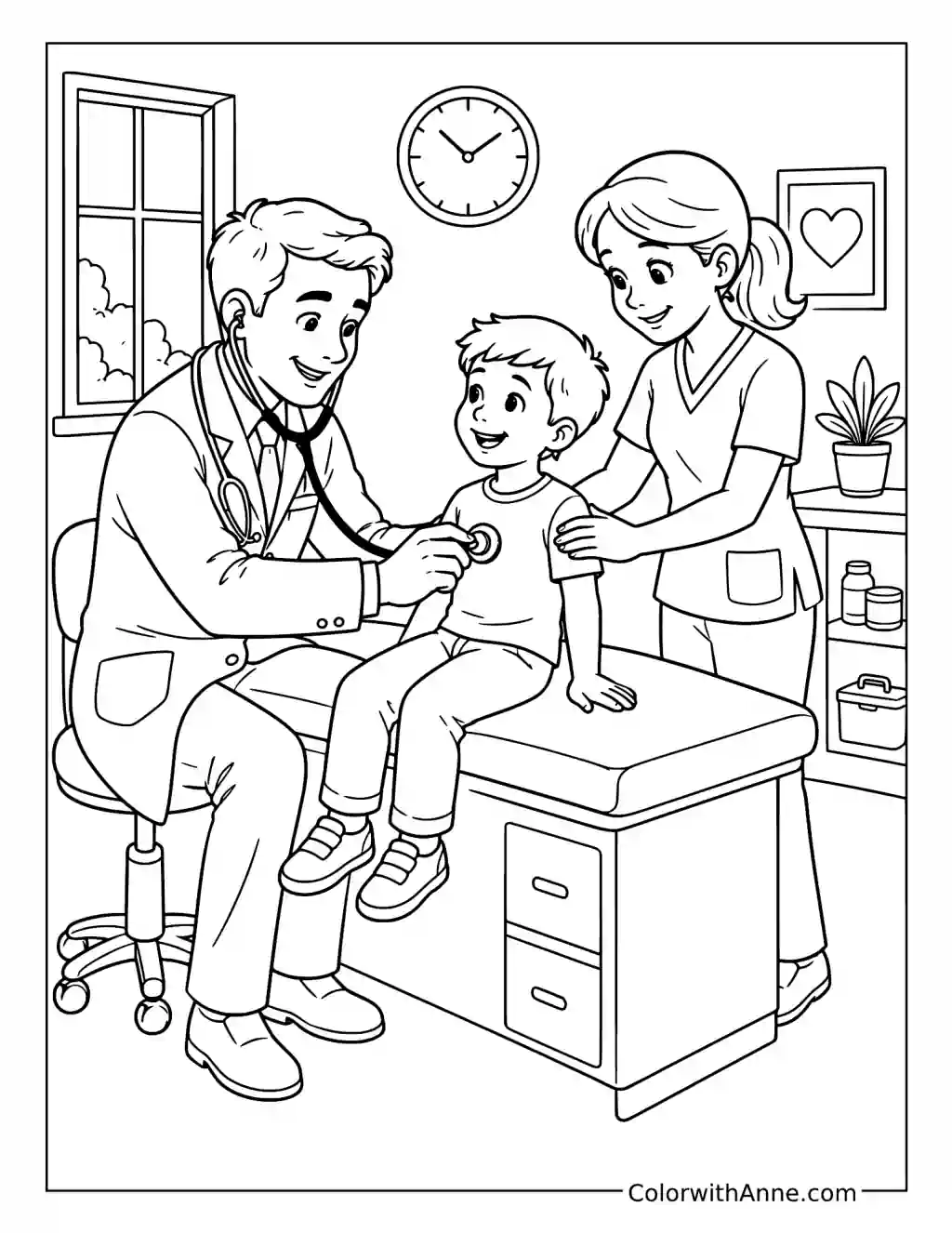Doctor and Nurse Helping a Child coloring page