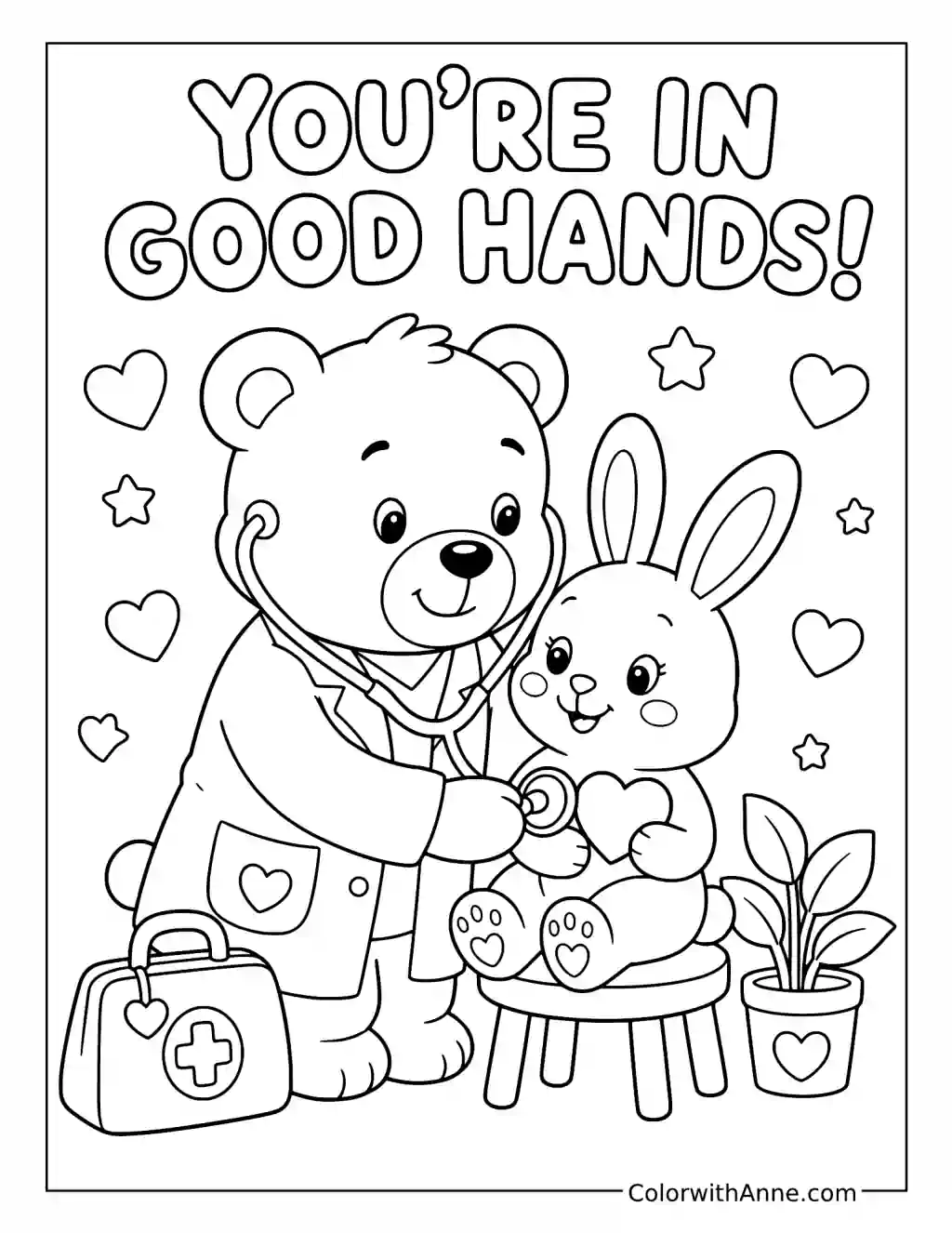 Doctor Bear Helps a Smiling Bunny coloring page