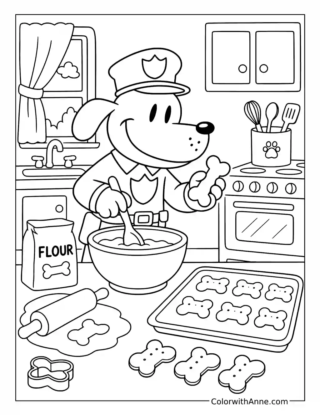 Dog Man Baking Bone-Shaped Biscuits coloring page