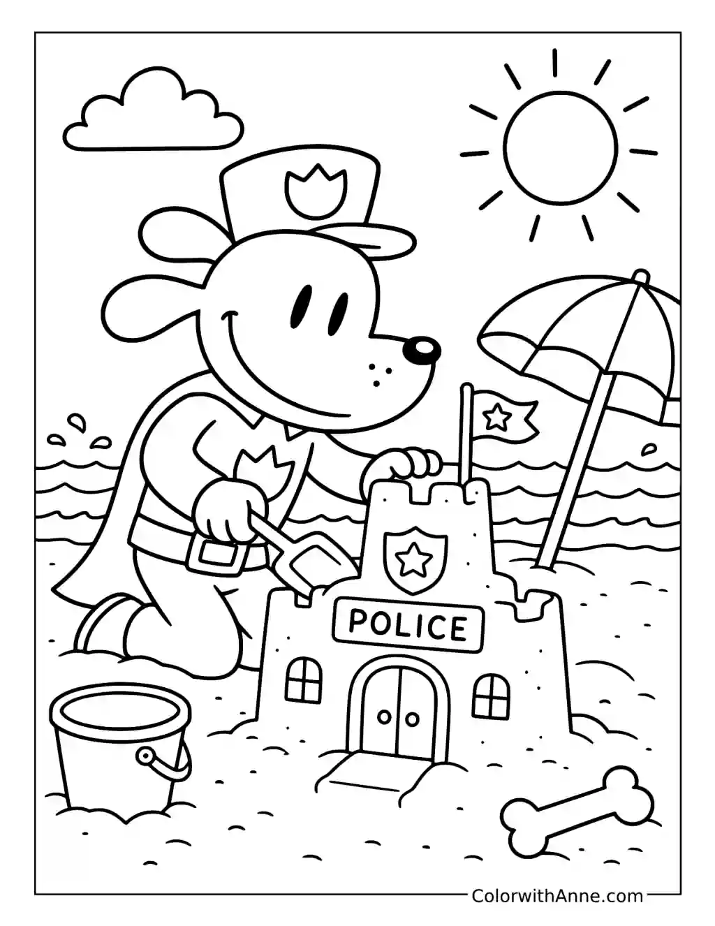 Dog Man Building a Police Station Sandcastle coloring page