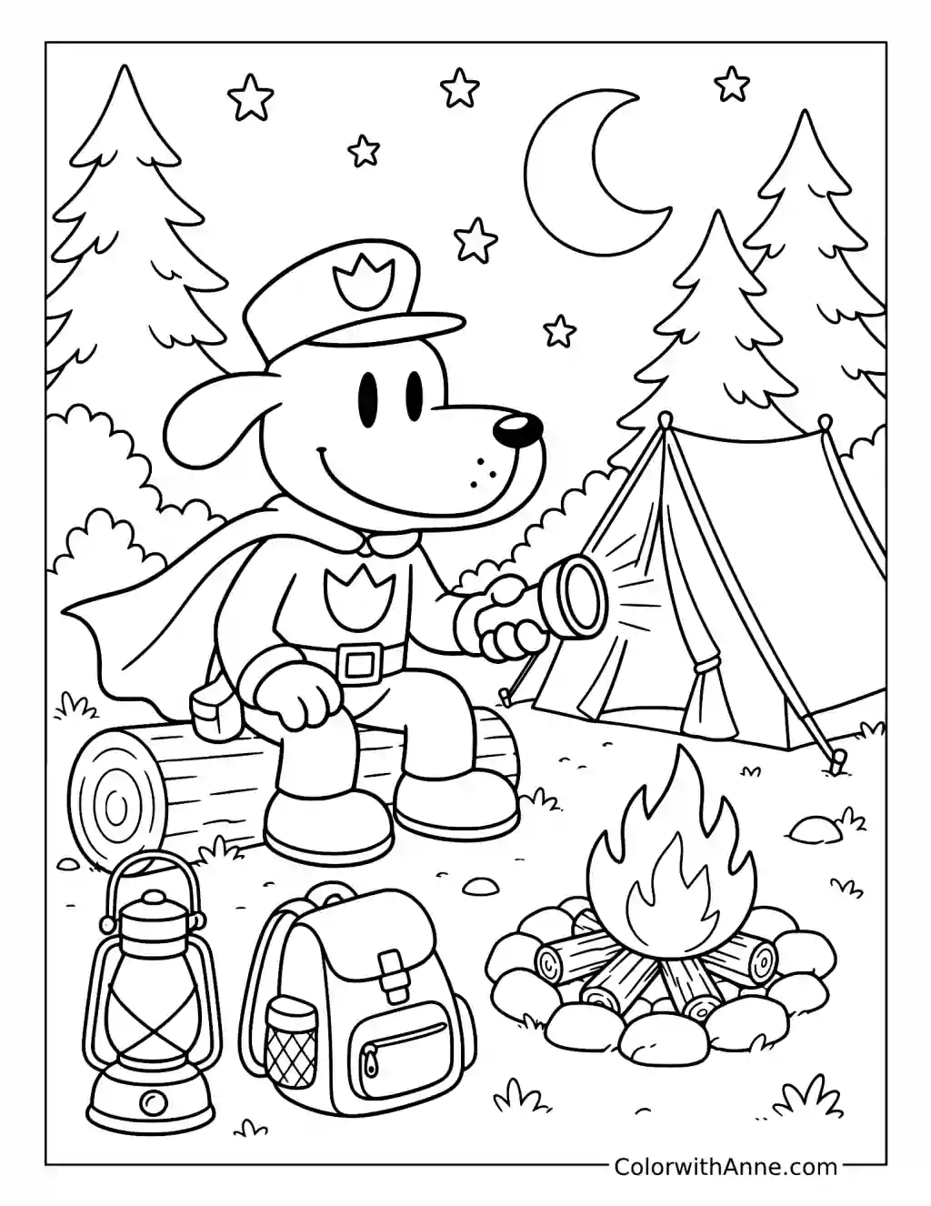 Dog Man Camping beside a Fire coloring page