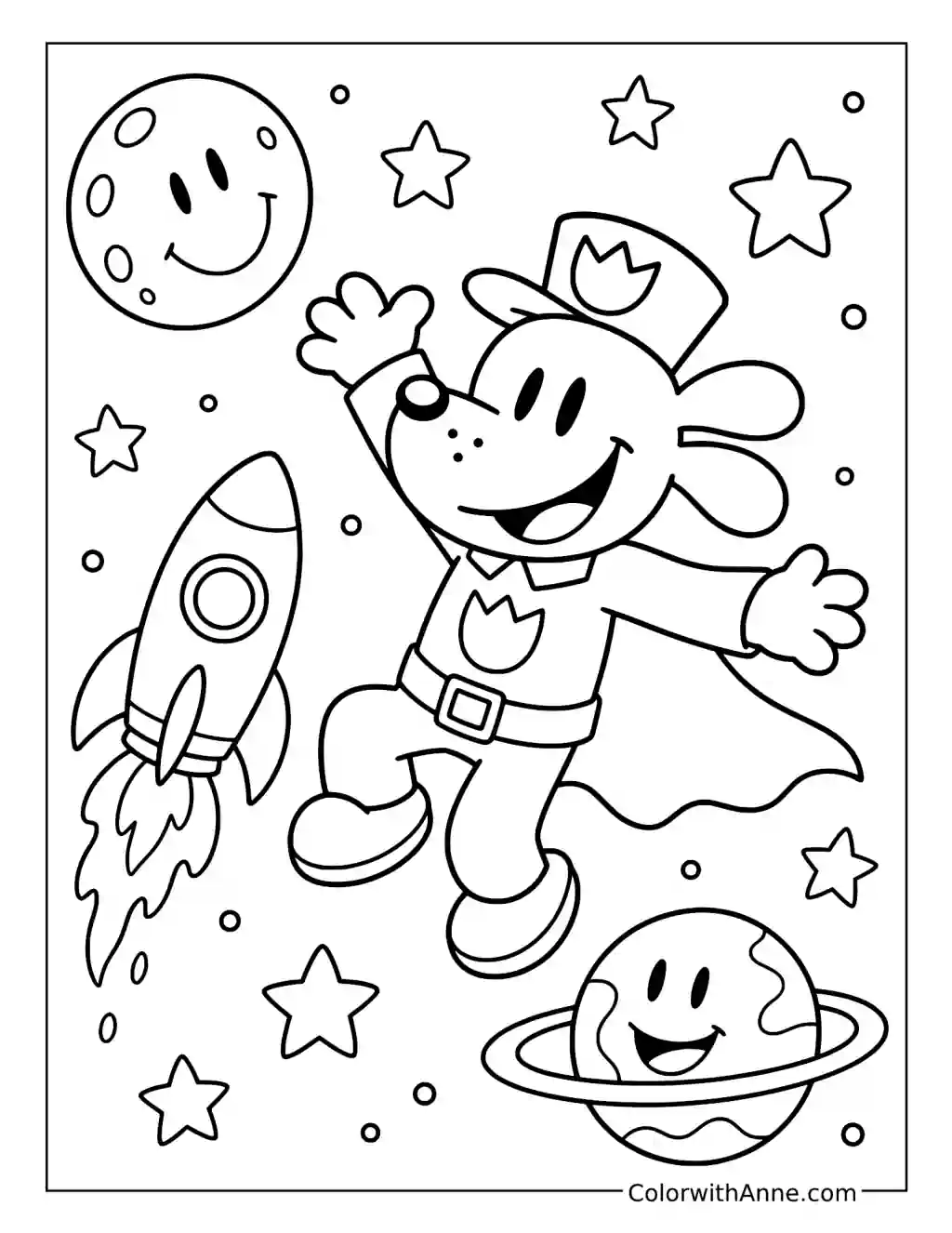 Dog Man Floating among Planets and Stars coloring page