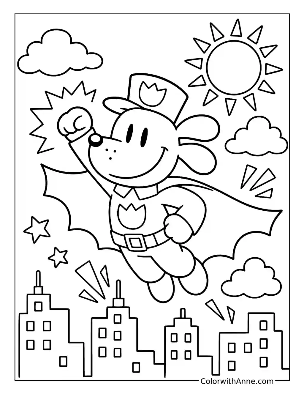 Dog Man Flying above the City coloring page