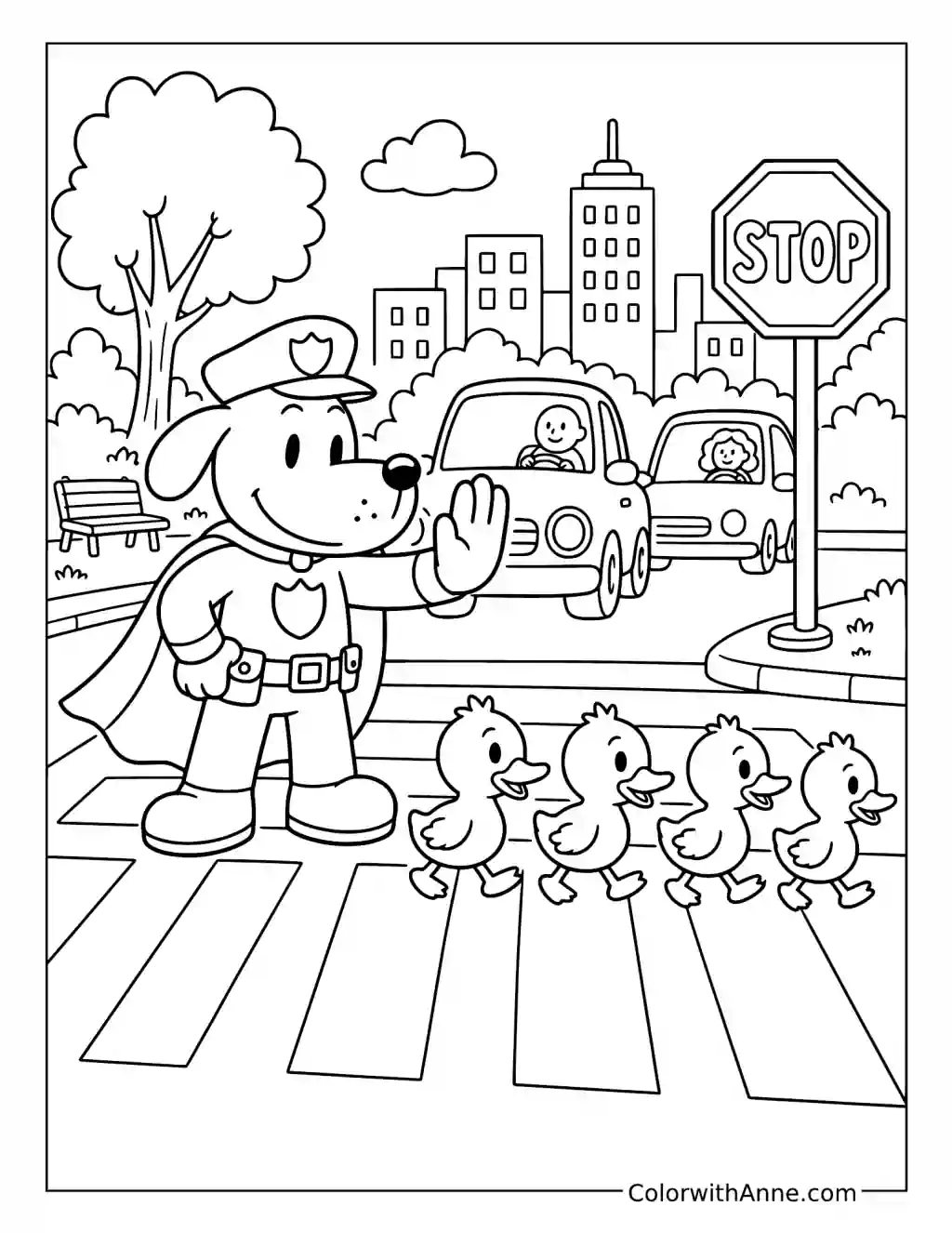 Dog Man Helping Ducklings Cross the Street coloring page