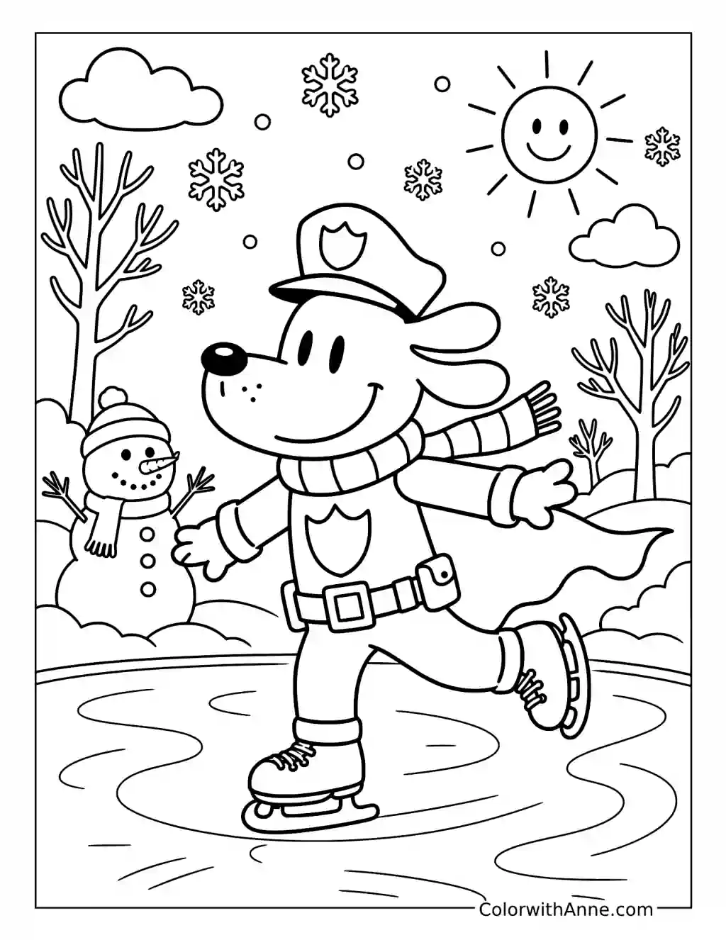 Dog Man Ice Skating on a Frozen Pond coloring page