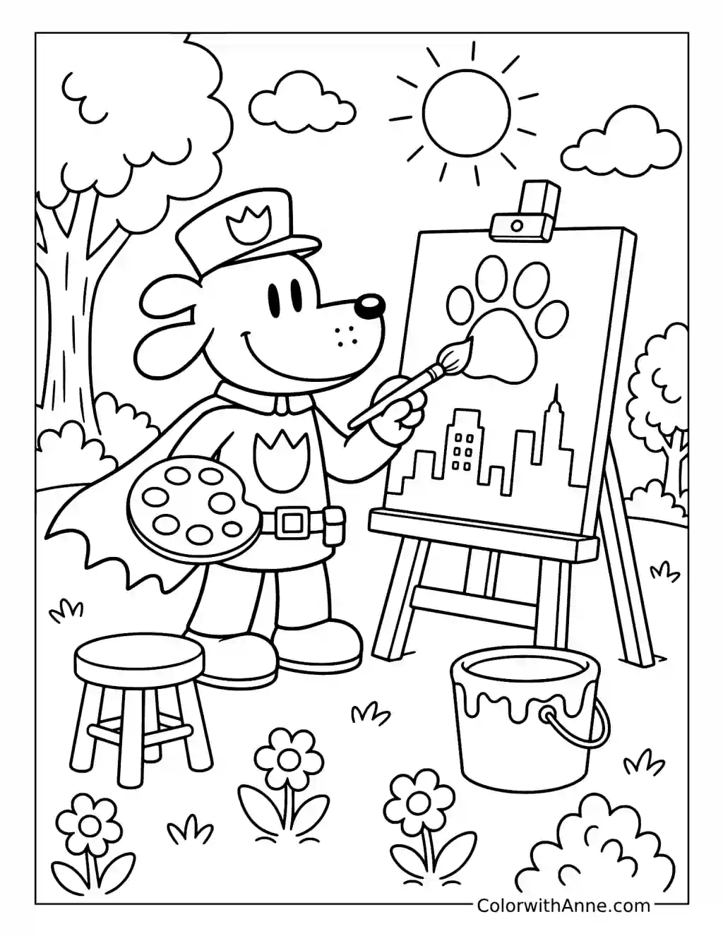Dog Man Painting a Paw Print at an Easel coloring page