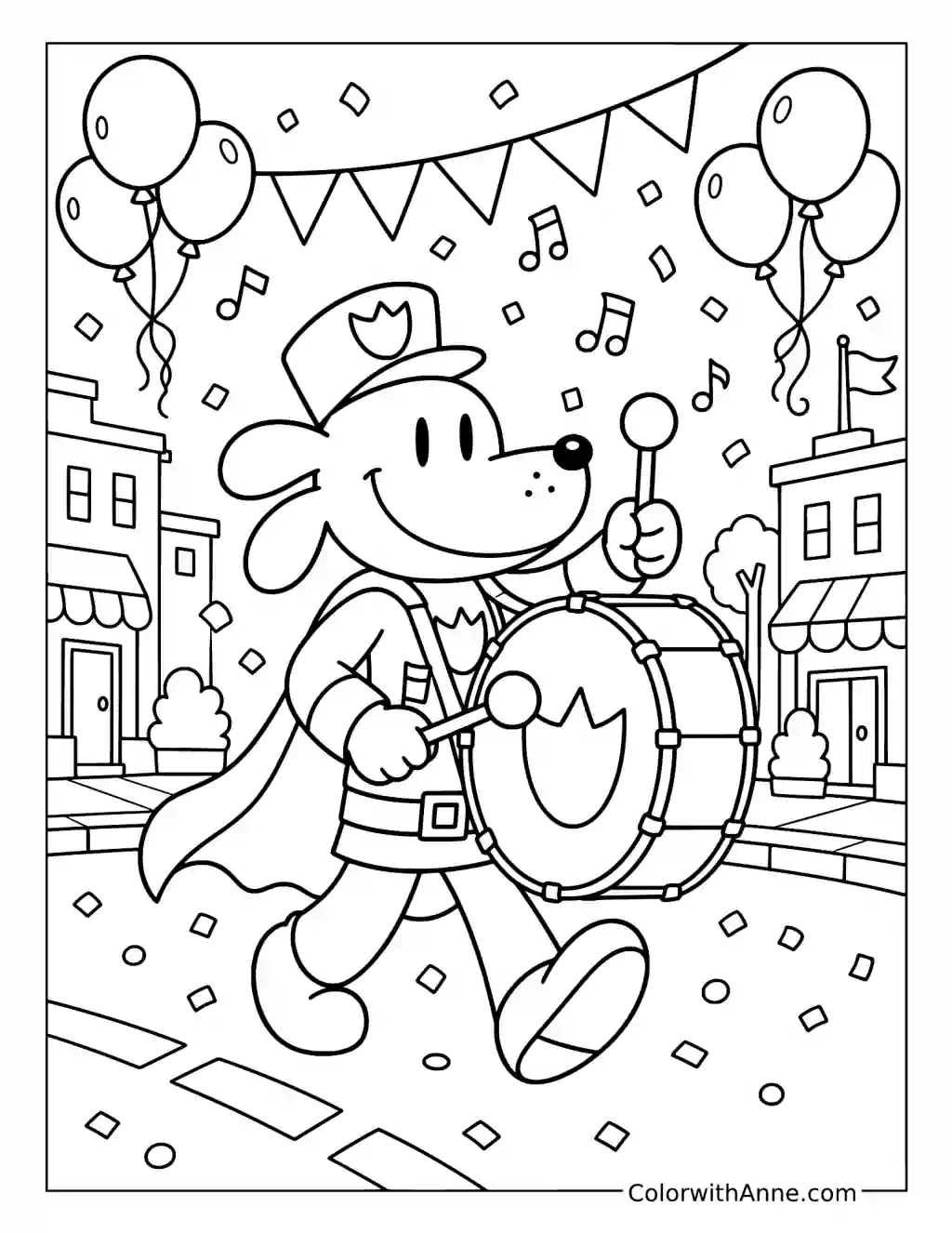 Dog Man Playing a Drum in a Parade coloring page
