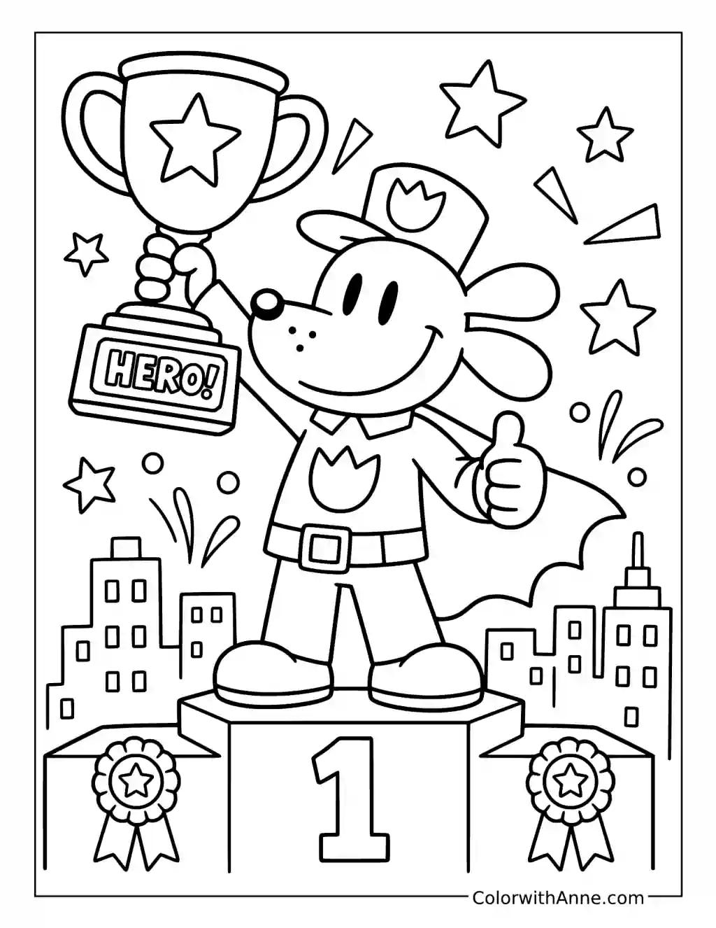 Dog Man Raising a Hero Trophy on a Podium coloring page
