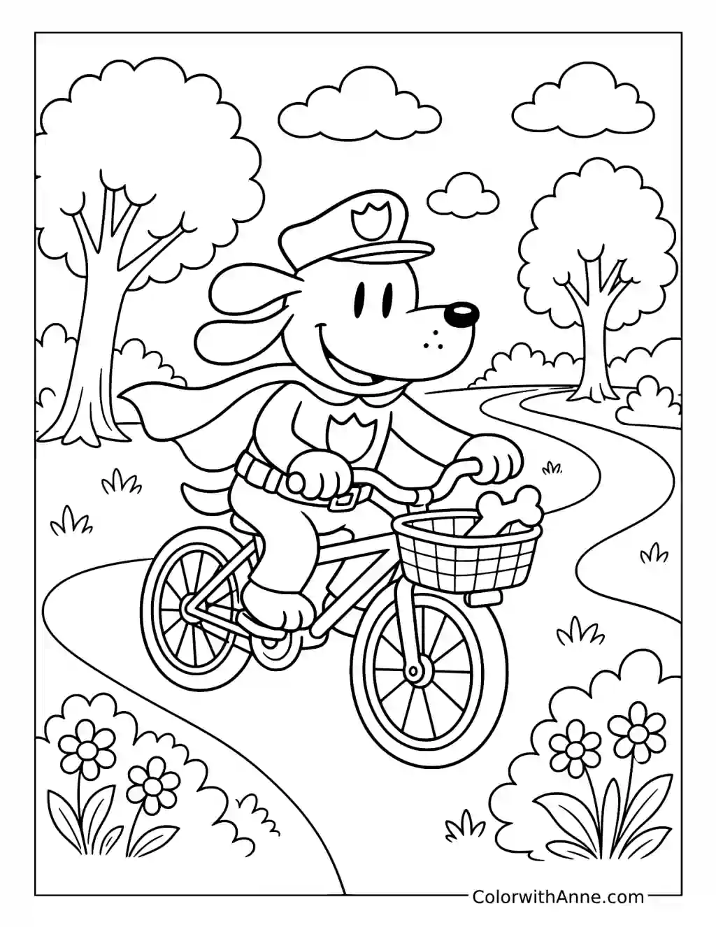 Dog Man Riding a Bicycle through the Park coloring page
