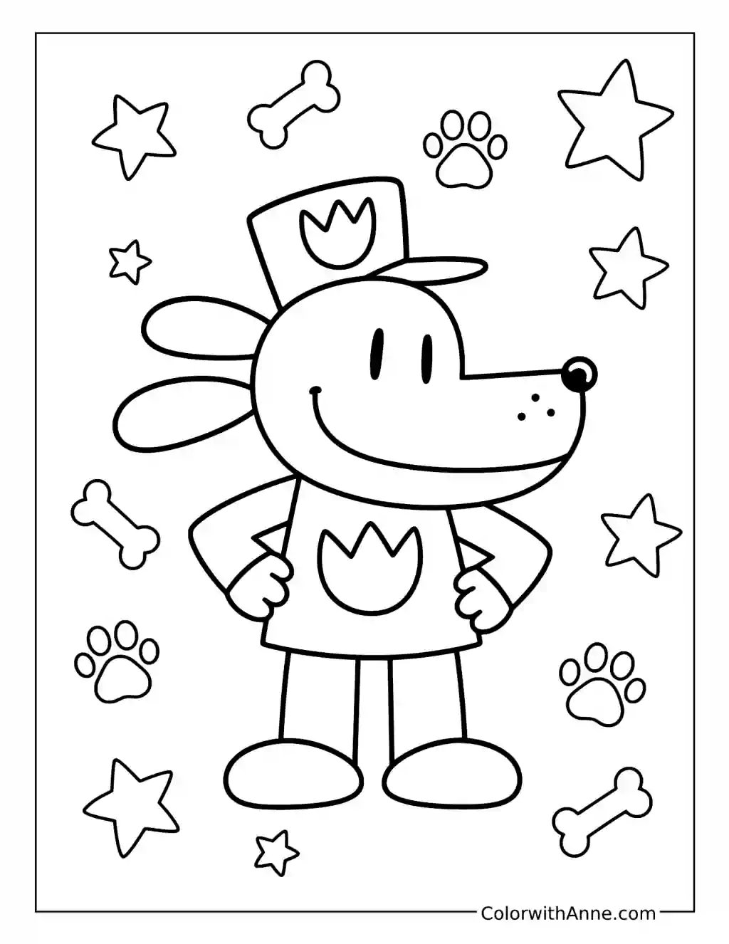 Dog Man Standing among Bones and Paw Prints coloring page