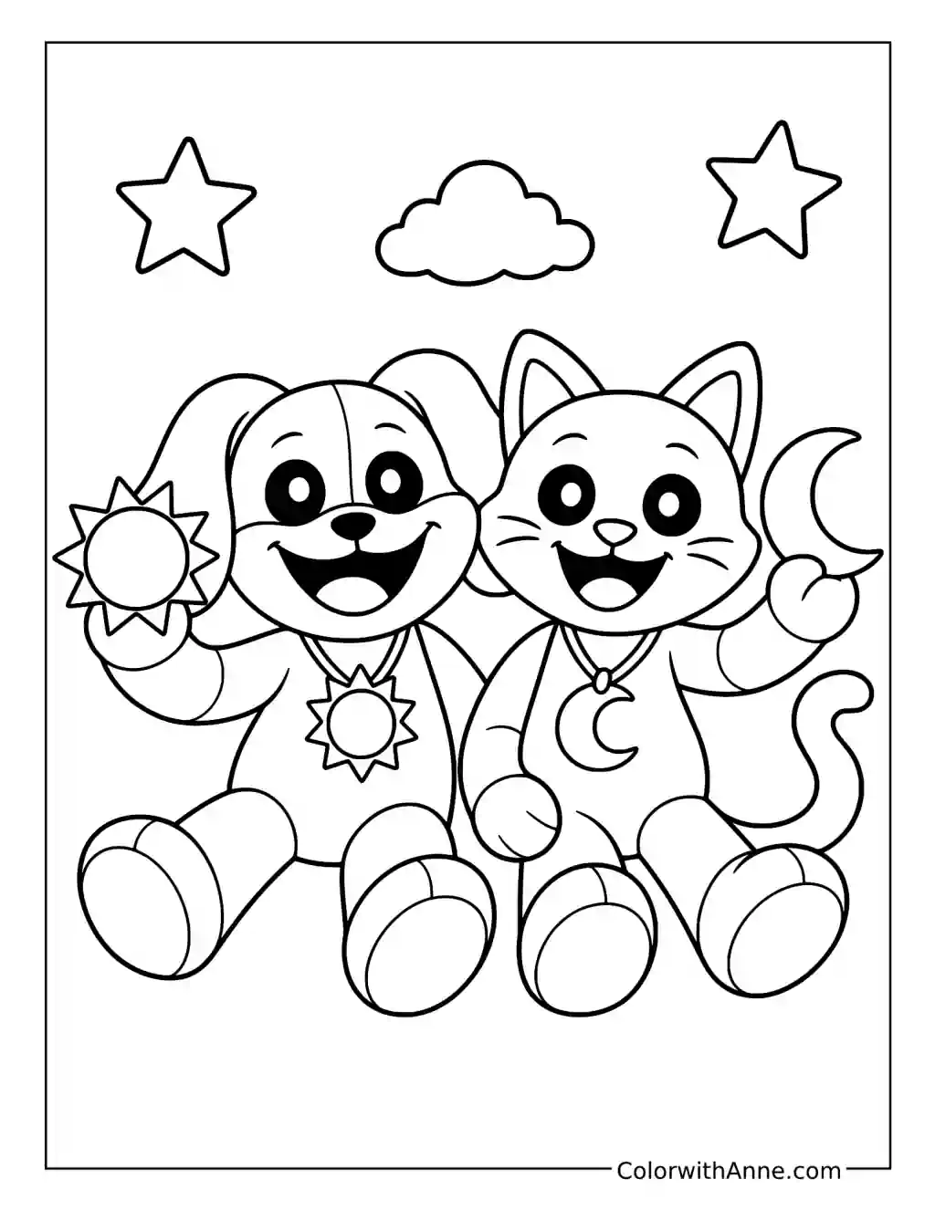 DogDay and CatNap Holding Sun and Moon Symbols coloring page