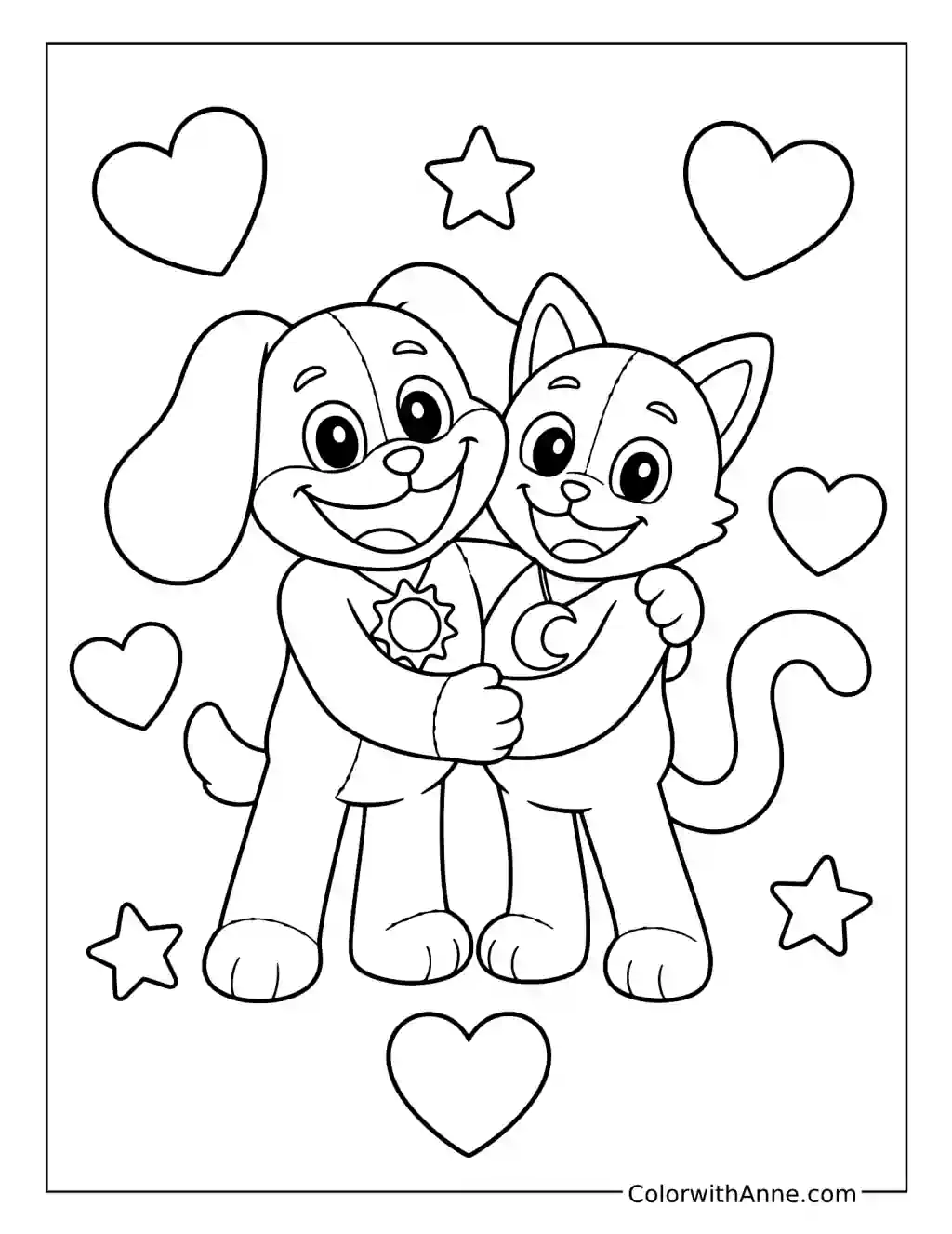 DogDay and CatNap Hugging coloring page