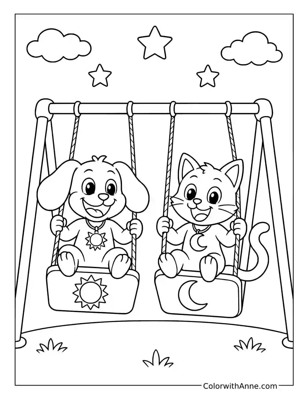 DogDay and CatNap Playing on Swings coloring page