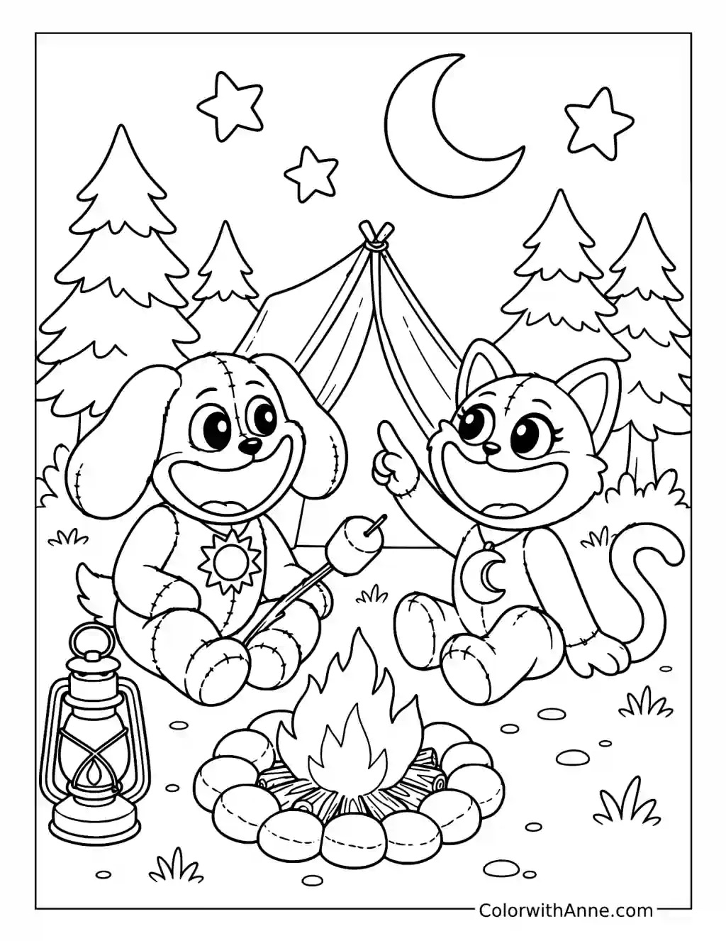 DogDay and CatNap Roasting Marshmallows at Camp coloring page